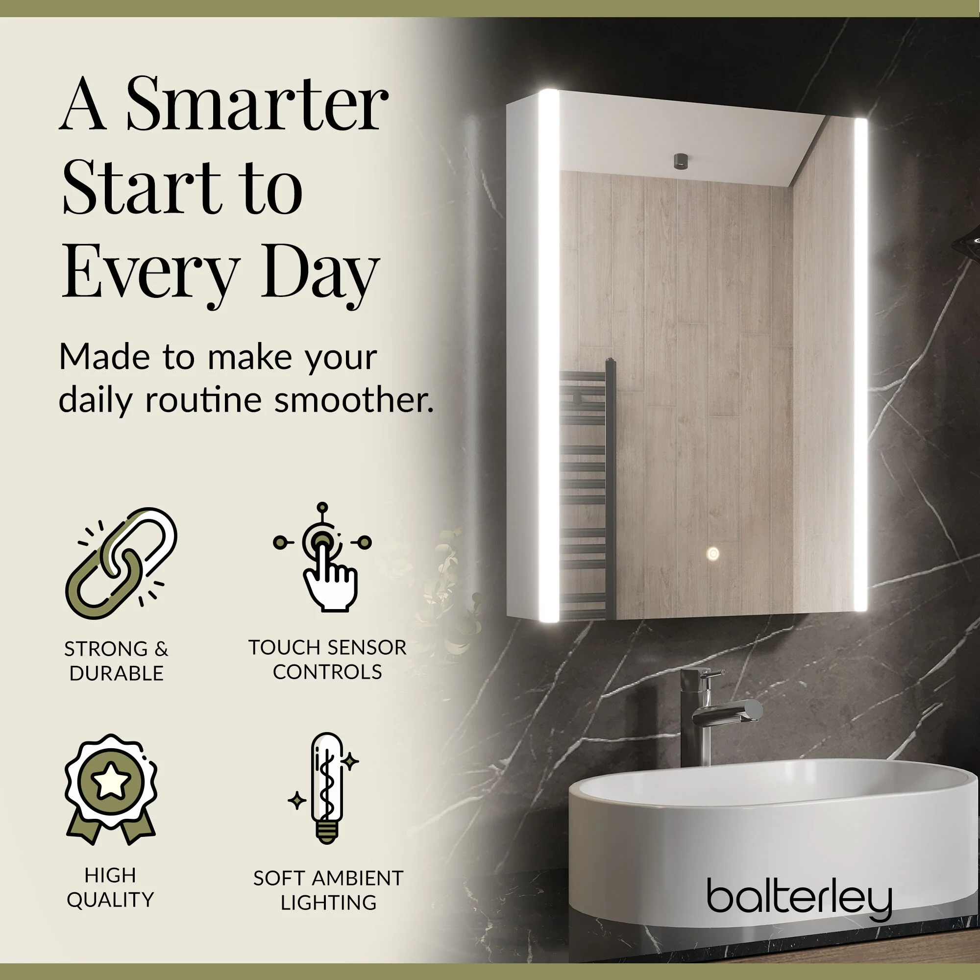 1 Door Touch Sensor Mirror Cabinet with 2 Shelves, Demister & Shaver Socket - Image 6