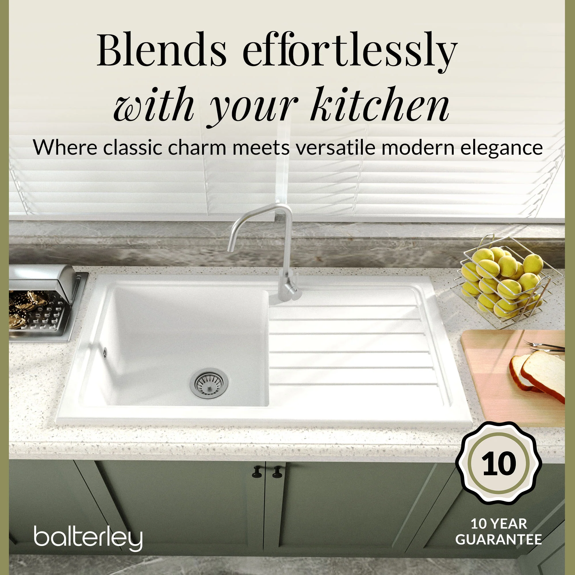 101cm 1 Bowl Fireclay Inset Kitchen Sink with Waste - 1010 x 525 x 235mm - Choice of Waste Finish - Image 8