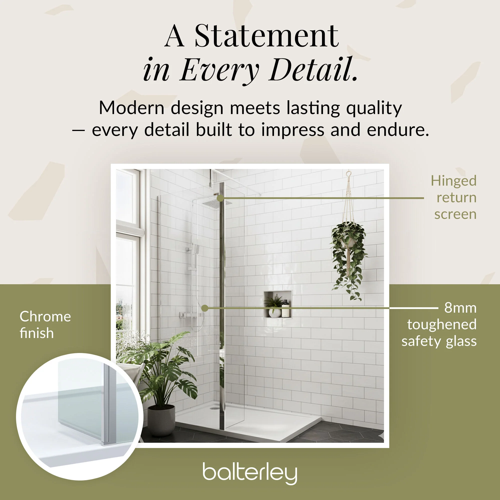 8mm Glass Walk In Wetroom Screen and Hinged Return Screen and Shower Tray - Choice of Size and Finish - Image 190