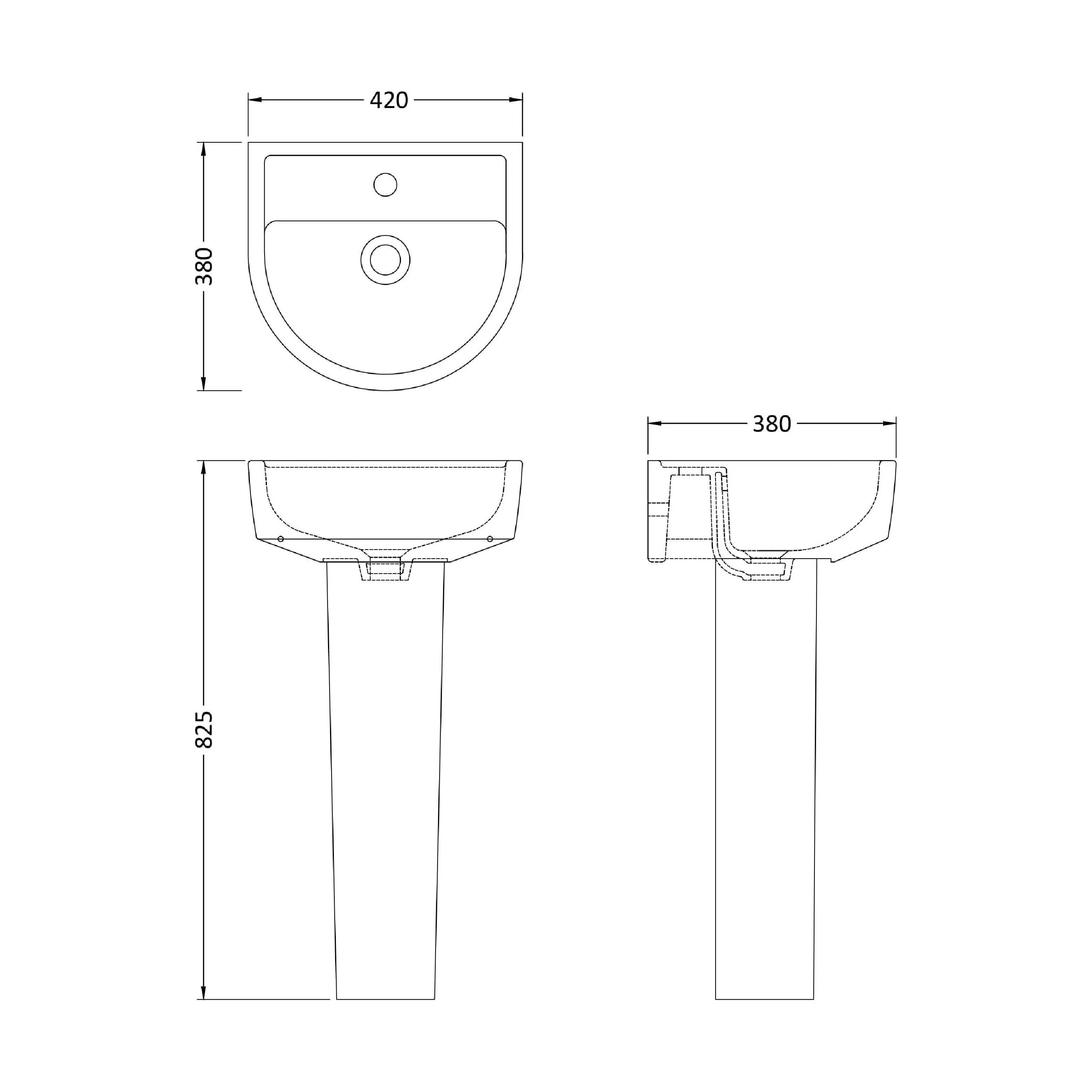 Dilhorne D Shaped 1 Tap Hole Ceramic Basin and Pedestal - 520mm or 420mm - Choice of Semi or Full Pedestal - Image 11