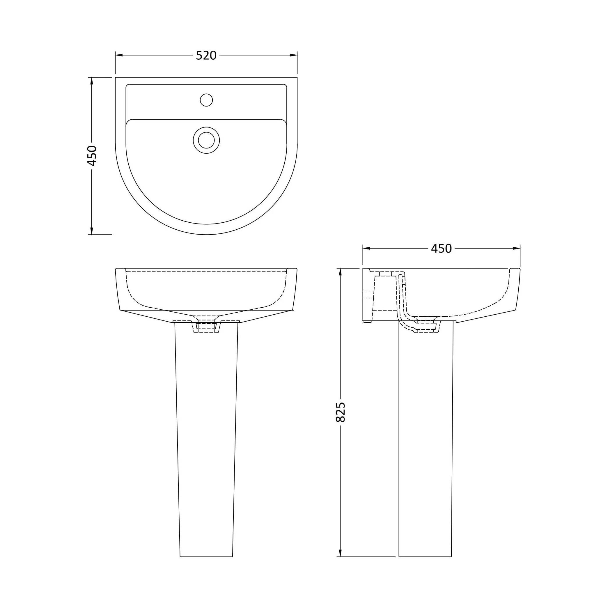 Dilhorne D Shaped 1 Tap Hole Ceramic Basin and Pedestal - 520mm or 420mm - Choice of Semi or Full Pedestal - Image 14