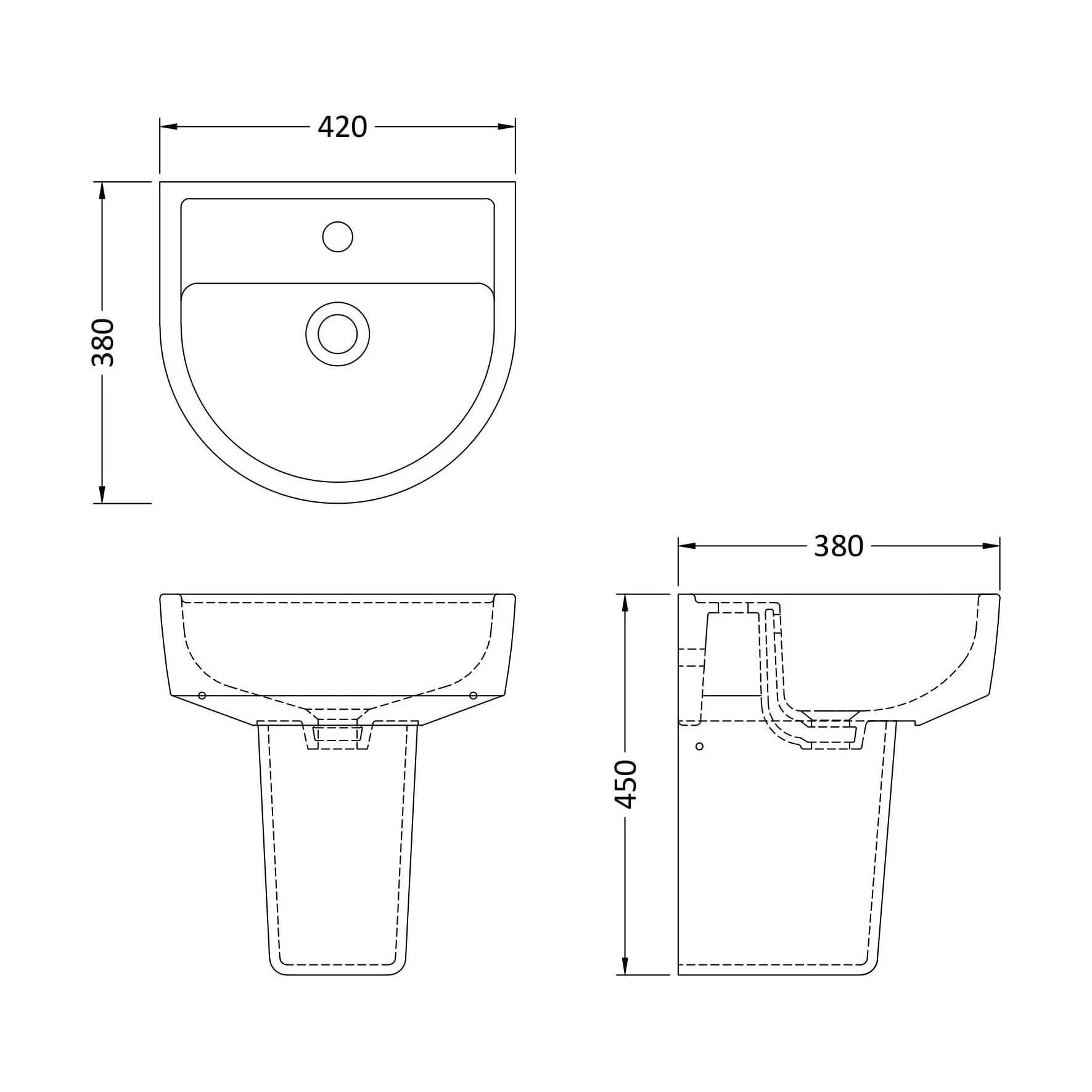 Dilhorne D Shaped 1 Tap Hole Ceramic Basin and Pedestal - 520mm or 420mm - Choice of Semi or Full Pedestal - Image 17