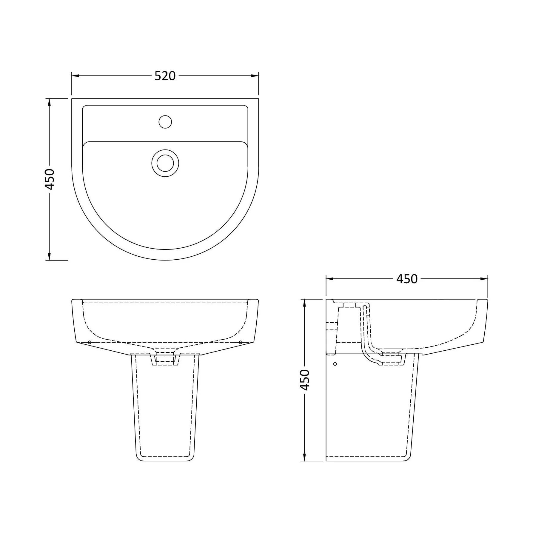 Dilhorne D Shaped 1 Tap Hole Ceramic Basin and Pedestal - 520mm or 420mm - Choice of Semi or Full Pedestal - Image 20