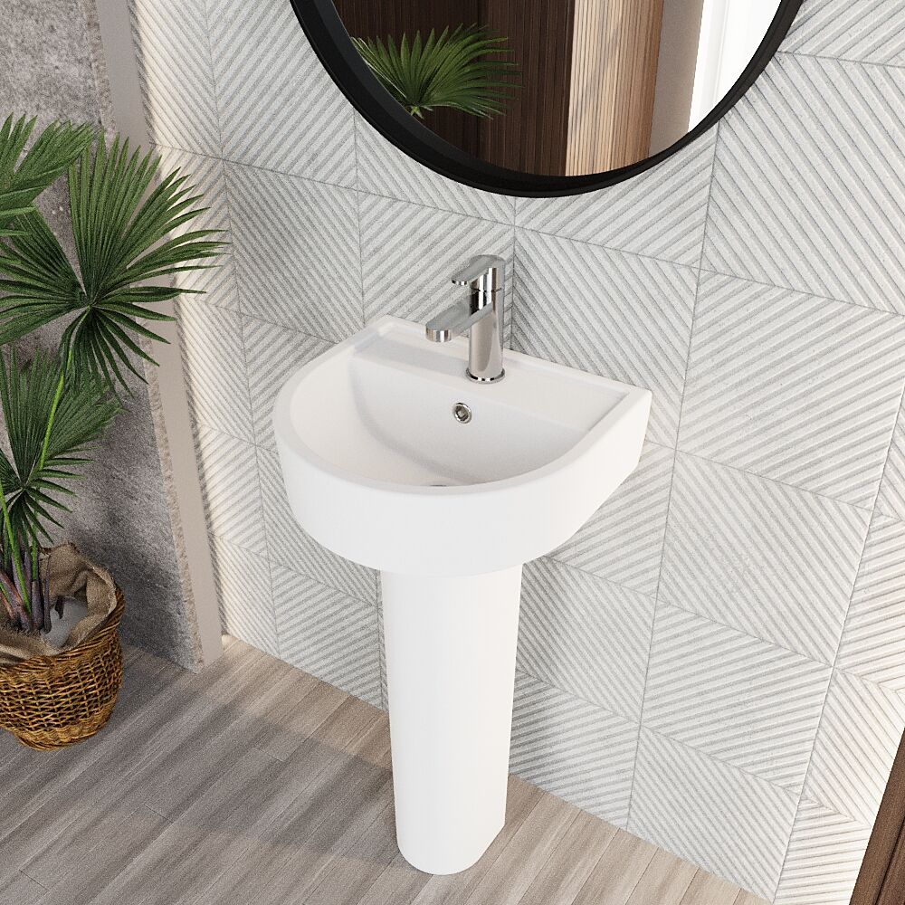 Dilhorne D Shaped 1 Tap Hole Ceramic Basin and Pedestal - 520mm or 420mm - Choice of Semi or Full Pedestal - Image 3