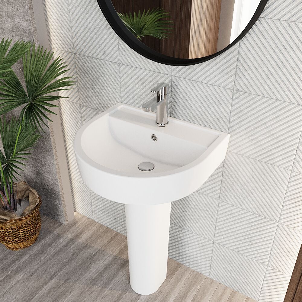 Dilhorne D Shaped 1 Tap Hole Ceramic Basin and Pedestal - 520mm or 420mm - Choice of Semi or Full Pedestal - Image 5