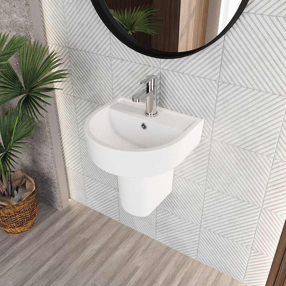 Dilhorne D Shaped 1 Tap Hole Ceramic Basin and Pedestal - 520mm or 420mm - Choice of Semi or Full Pedestal - Image 7