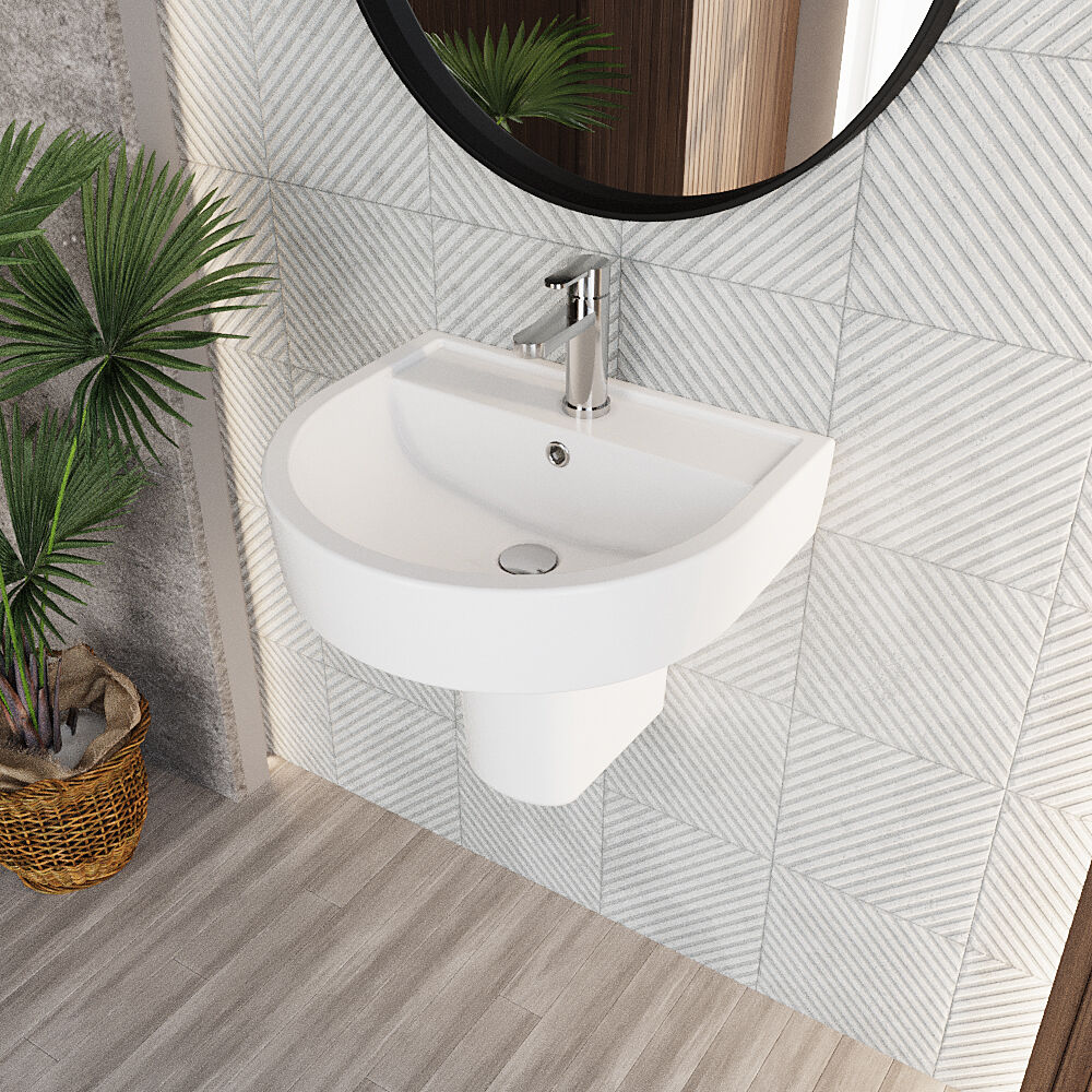 Dilhorne D Shaped 1 Tap Hole Ceramic Basin and Pedestal - 520mm or 420mm - Choice of Semi or Full Pedestal - Image 9