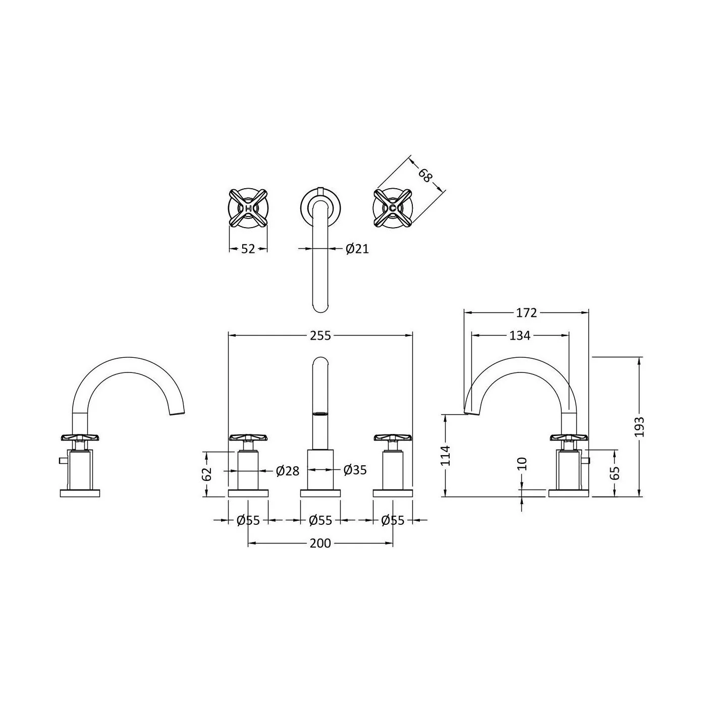 Balterley Connect 3 Tap Hole Deck Mounted Basin Mixer Tap with Dual Crosshead Handles and Pop Up Waste - Polished Chrome Finish - Image 3