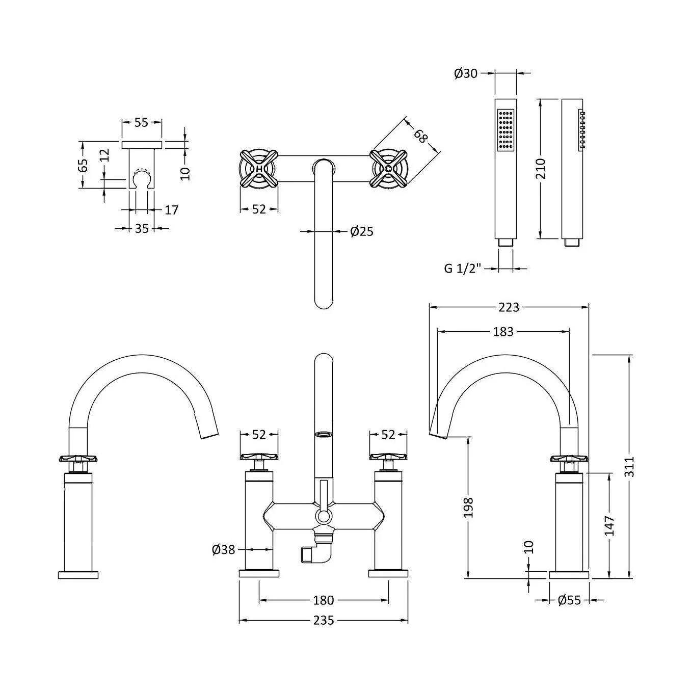 Balterley Connect Deck Mounted Bath Shower Mixer Tap with Dual Crosshead Handles, High Curved Spout & Shower Kit - Chrome Finish - Image 3