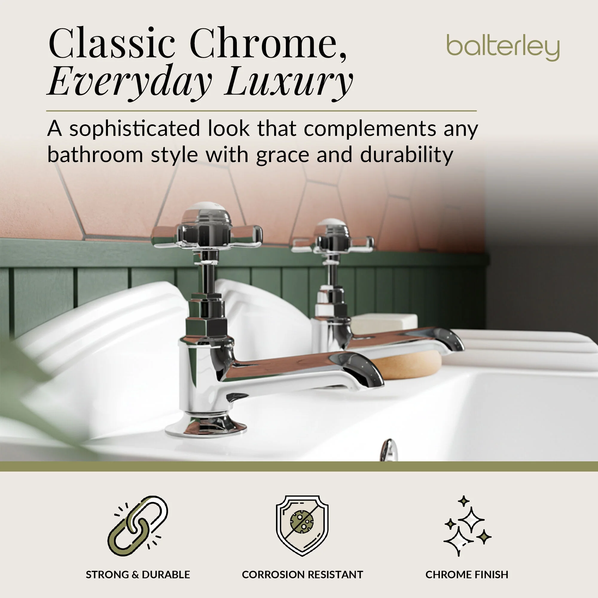 Balterley Hanchurch Basin Pillar Taps with Crosshead Handles - Chrome or Brushed Brass - Image 3