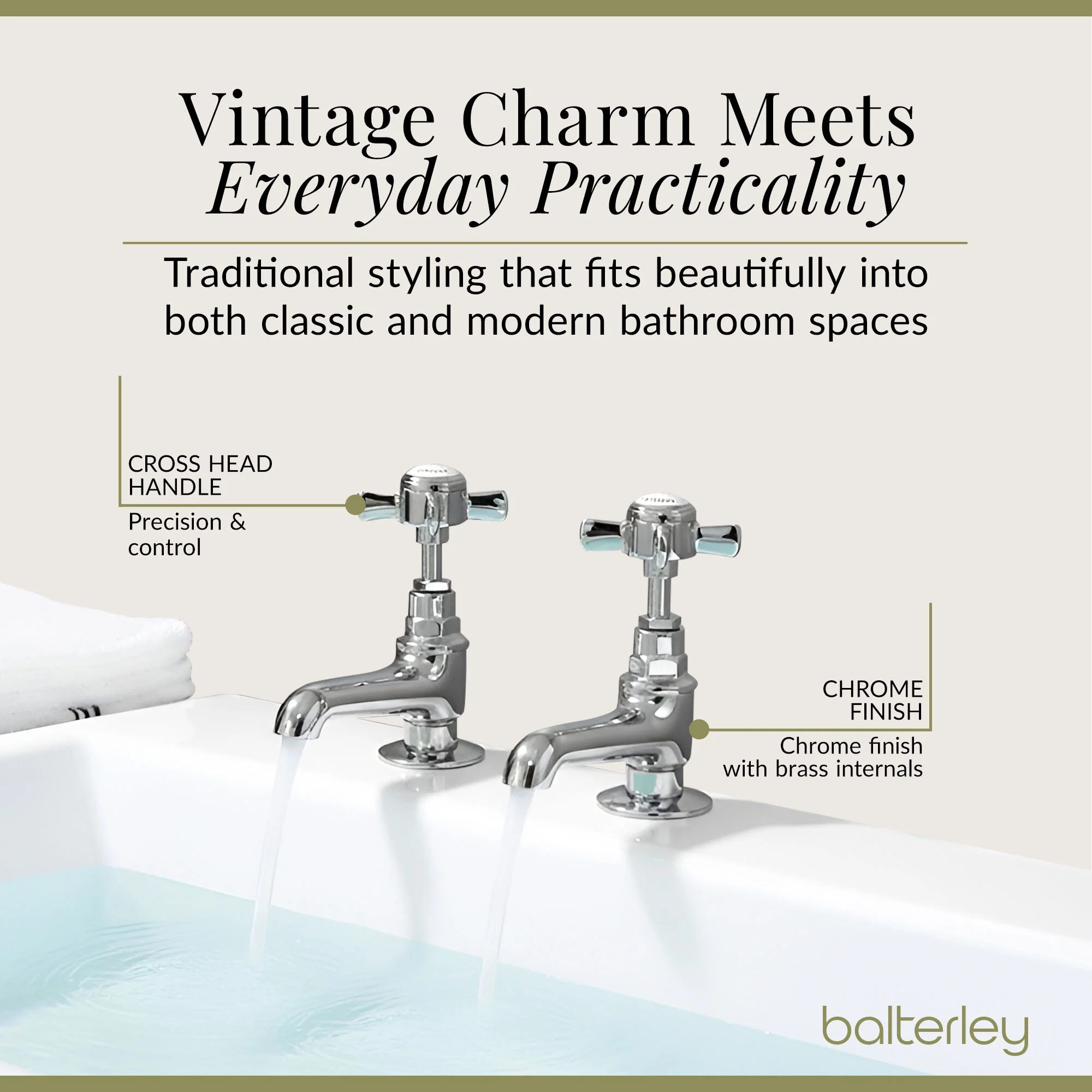 Balterley Hanchurch Basin Pillar Taps with Crosshead Handles - Chrome or Brushed Brass - Image 5