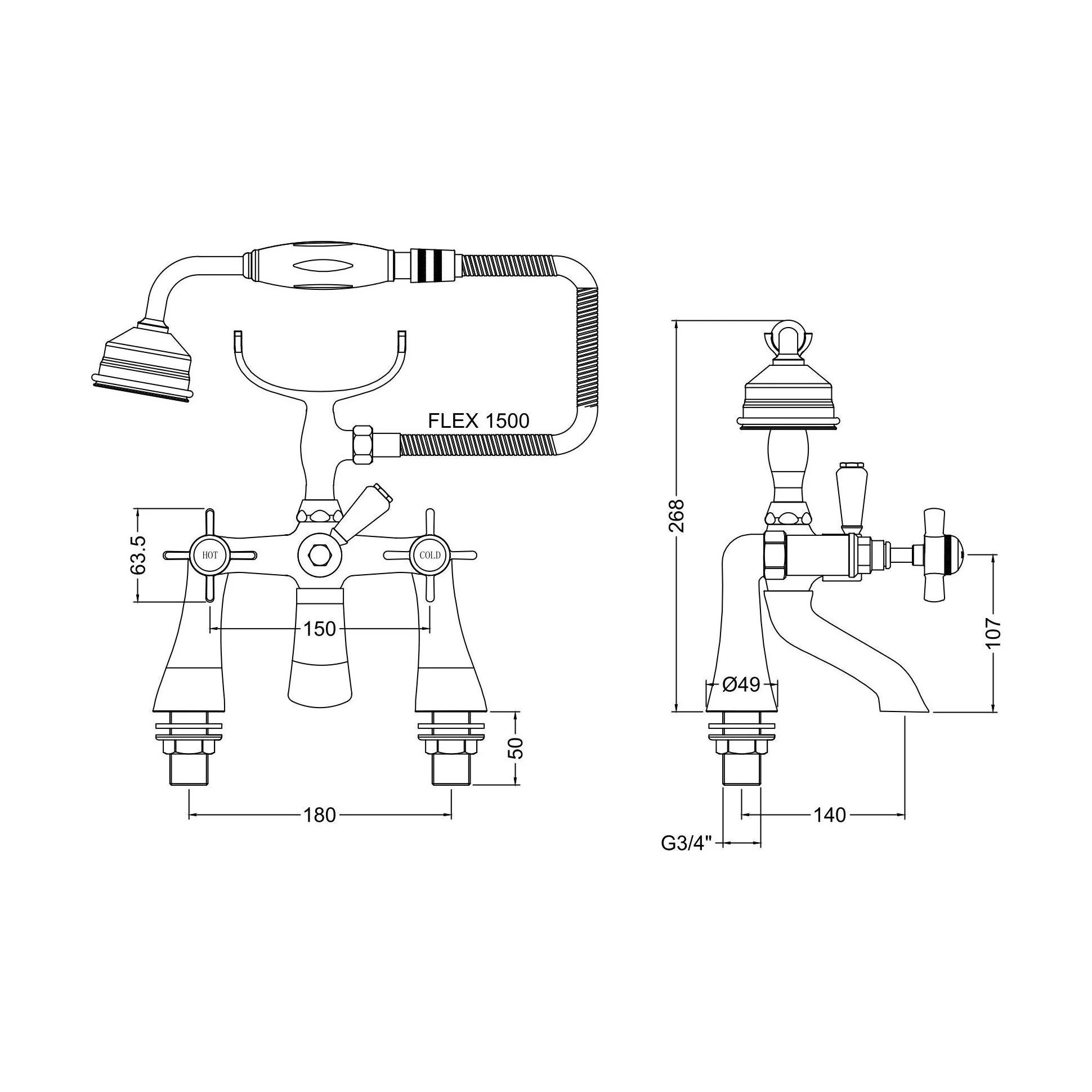Balterley Hanchurch Traditional Bath Shower Mixer Tap with Shower Kit - Chrome or Brushed Brass - Image 4