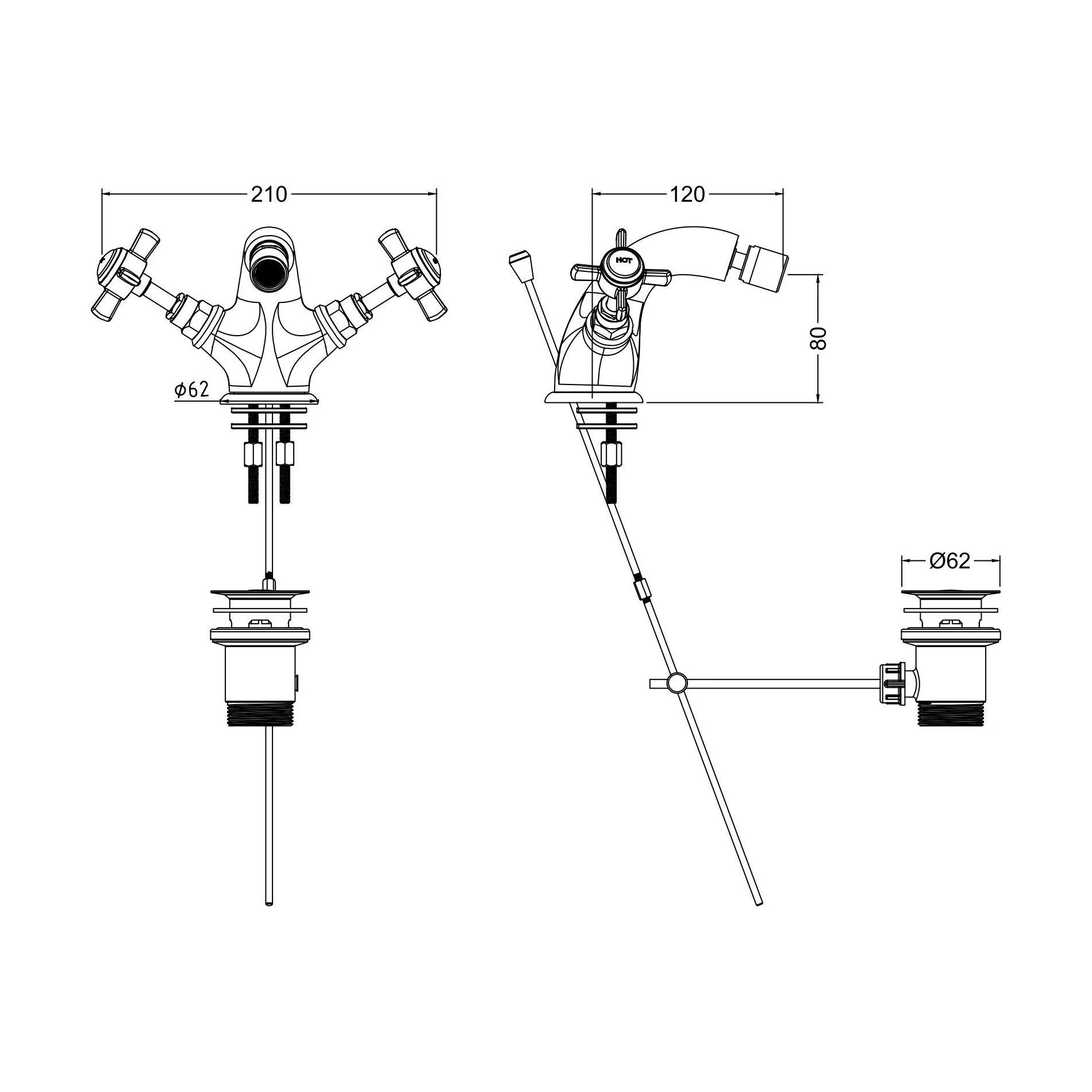 Balterley Hanchurch Traditional Bidet Tap with Crosshead Handles - Chrome or Brushed Brass - Image 4