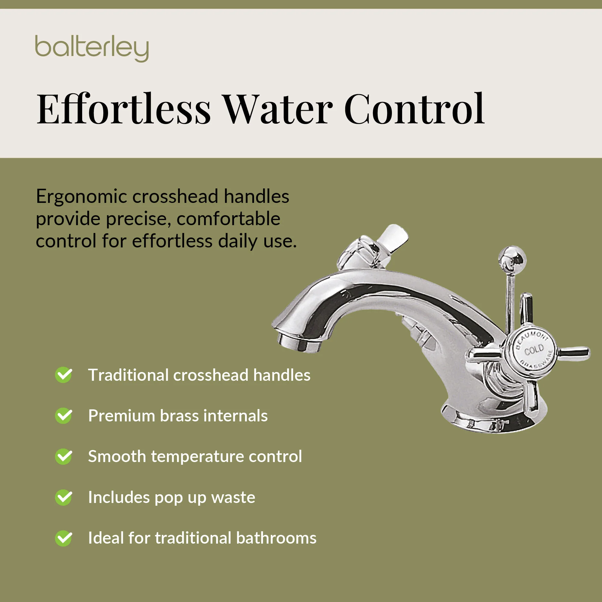 Balterley Hanchurch Traditional Mono Basin Mixer Tap - Chrome or Brushed Brass - Image 8