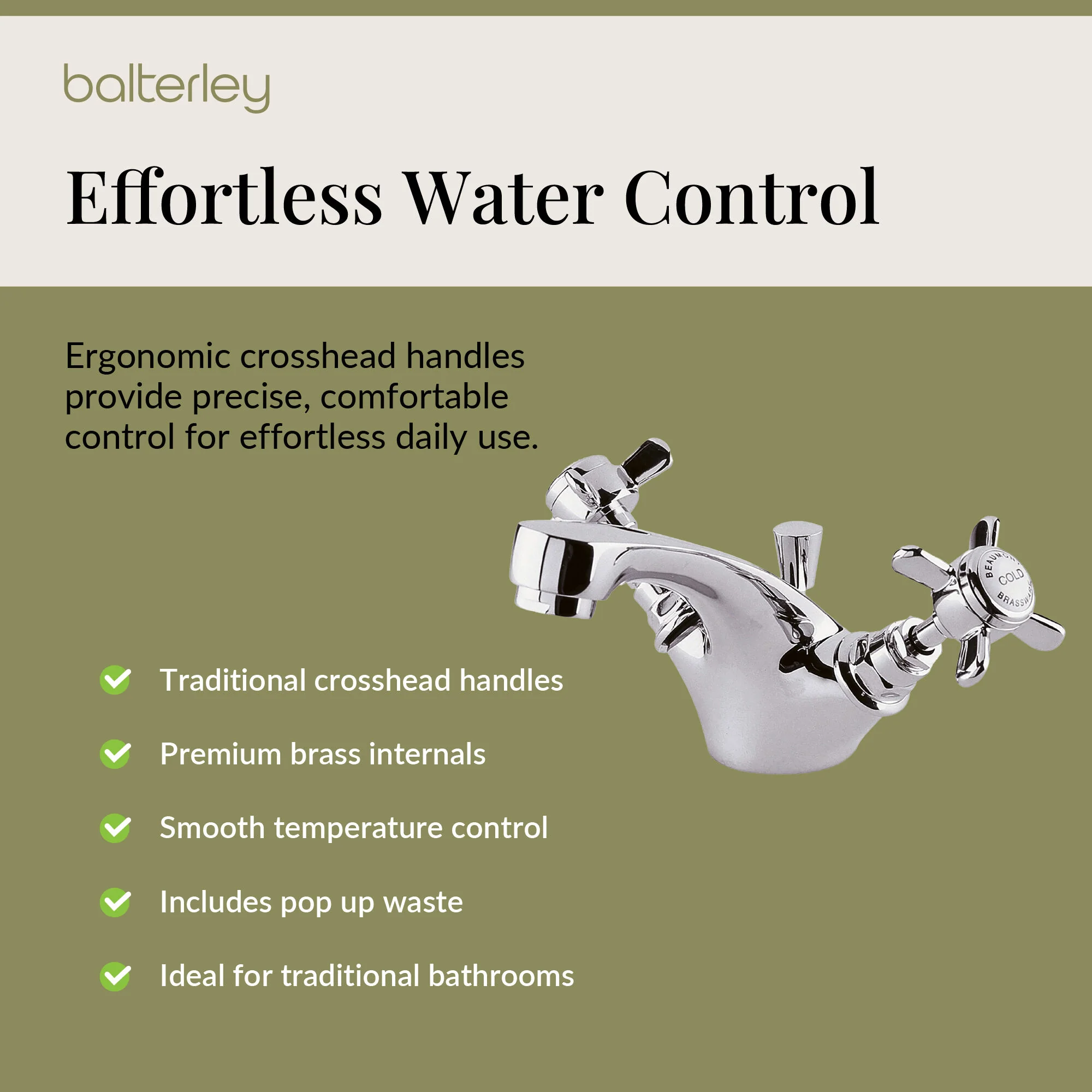 Balterley Hanchurch Traditional Mono Basin Mixer Tap - Chrome or Brushed Brass - Image 5