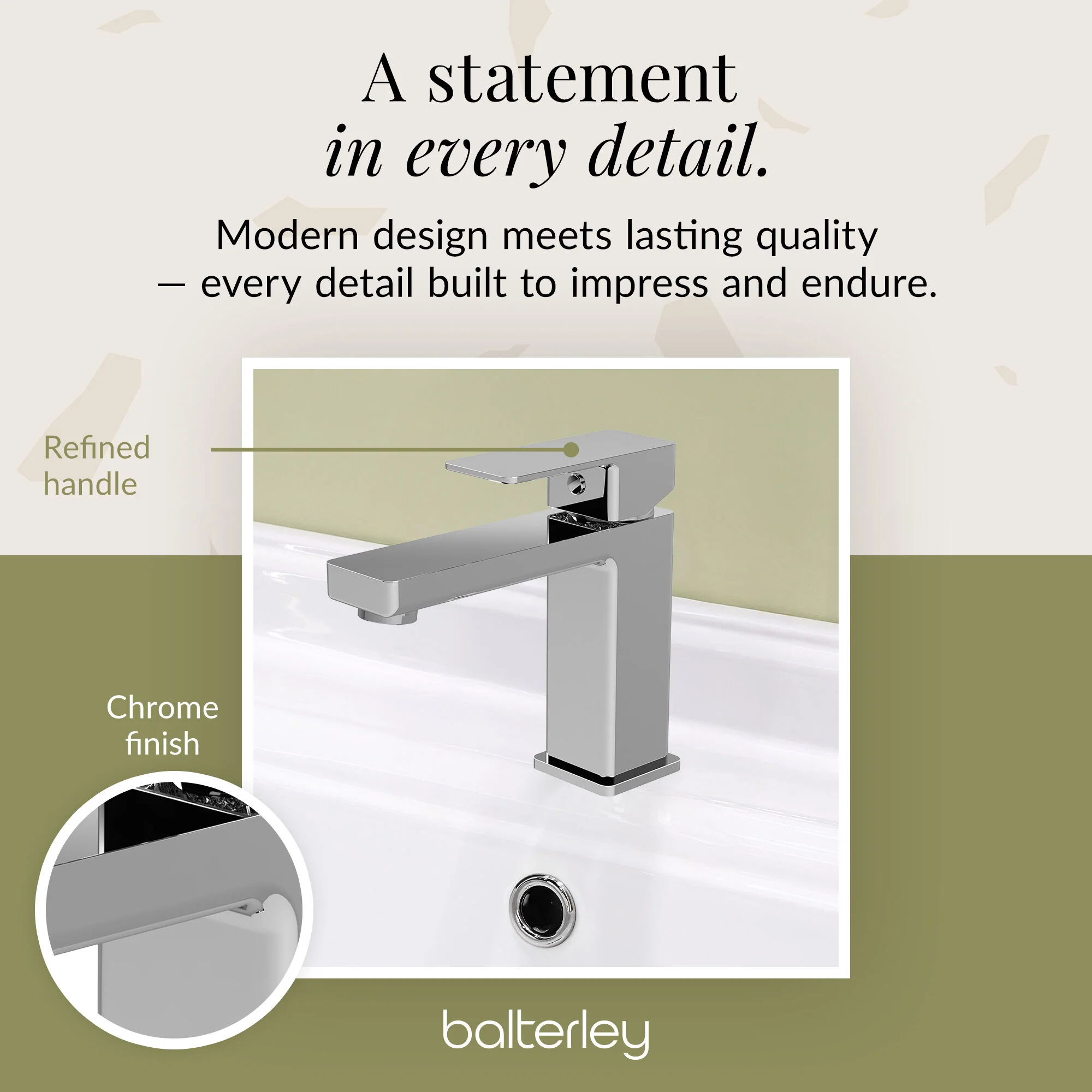 Milldale Contemporary Square Mono Basin Mixer Bathroom Sink Tap with Push Button Waste - Image 9