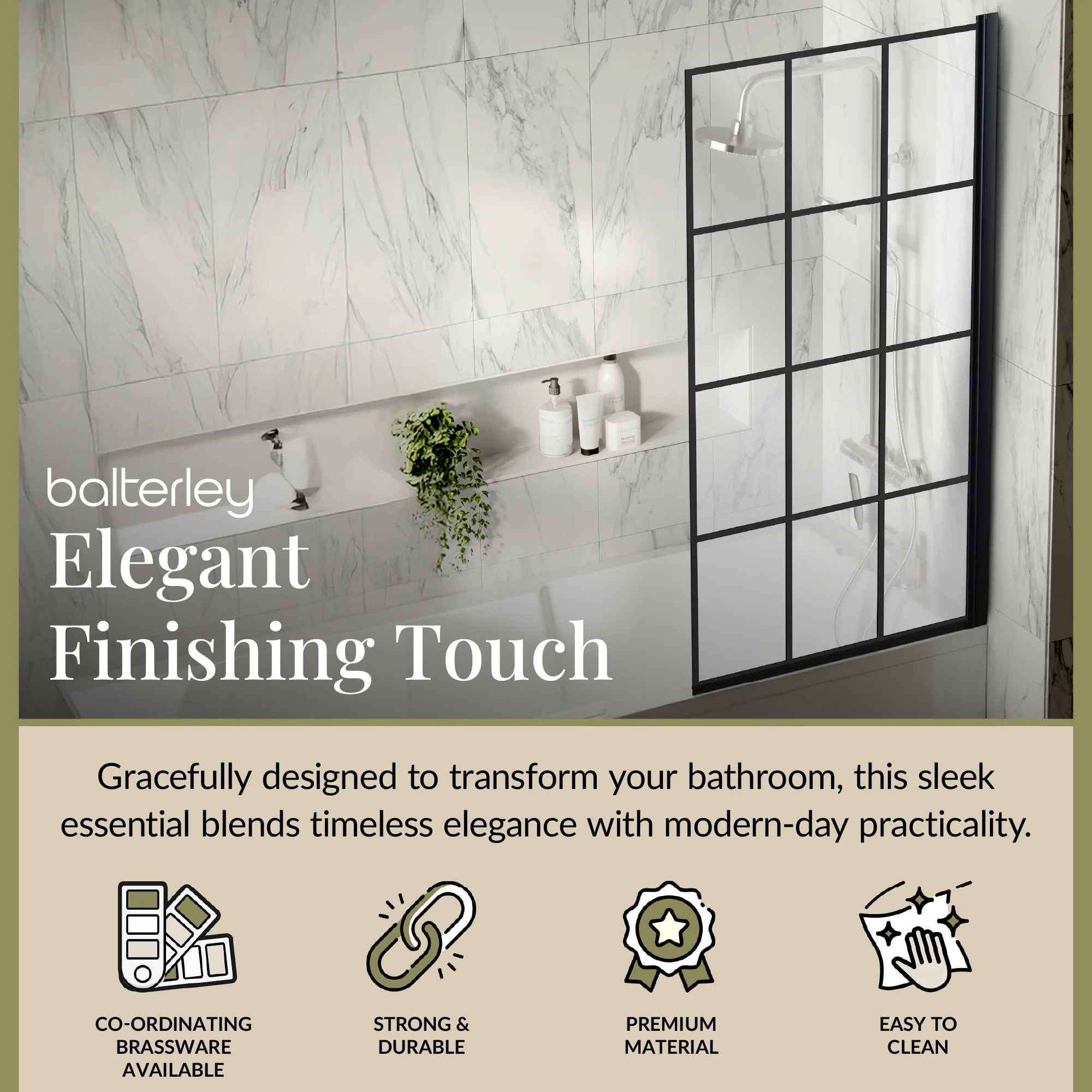 Black Framed Reversible Hinged Shower Bath Screen – 6 mm Toughened Safety Glass,  H: 1430 × W: 790 × D: 38 mm - Image 2