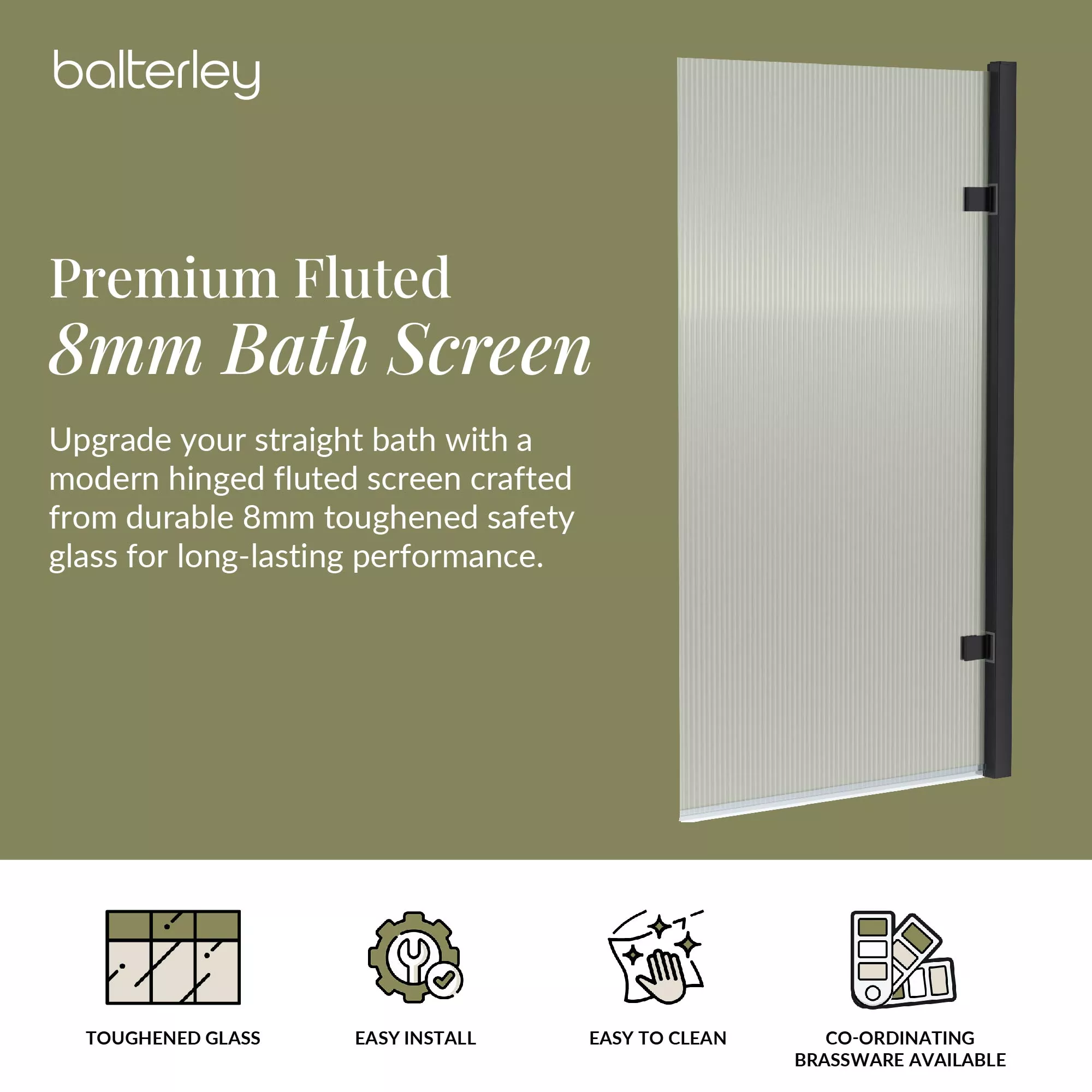 Contemporary 8mm Toughened Safety Glass Square Hinged Fluted Bath Screen - 1520 x 830 x 24mm - Choice of Colour - Image 15