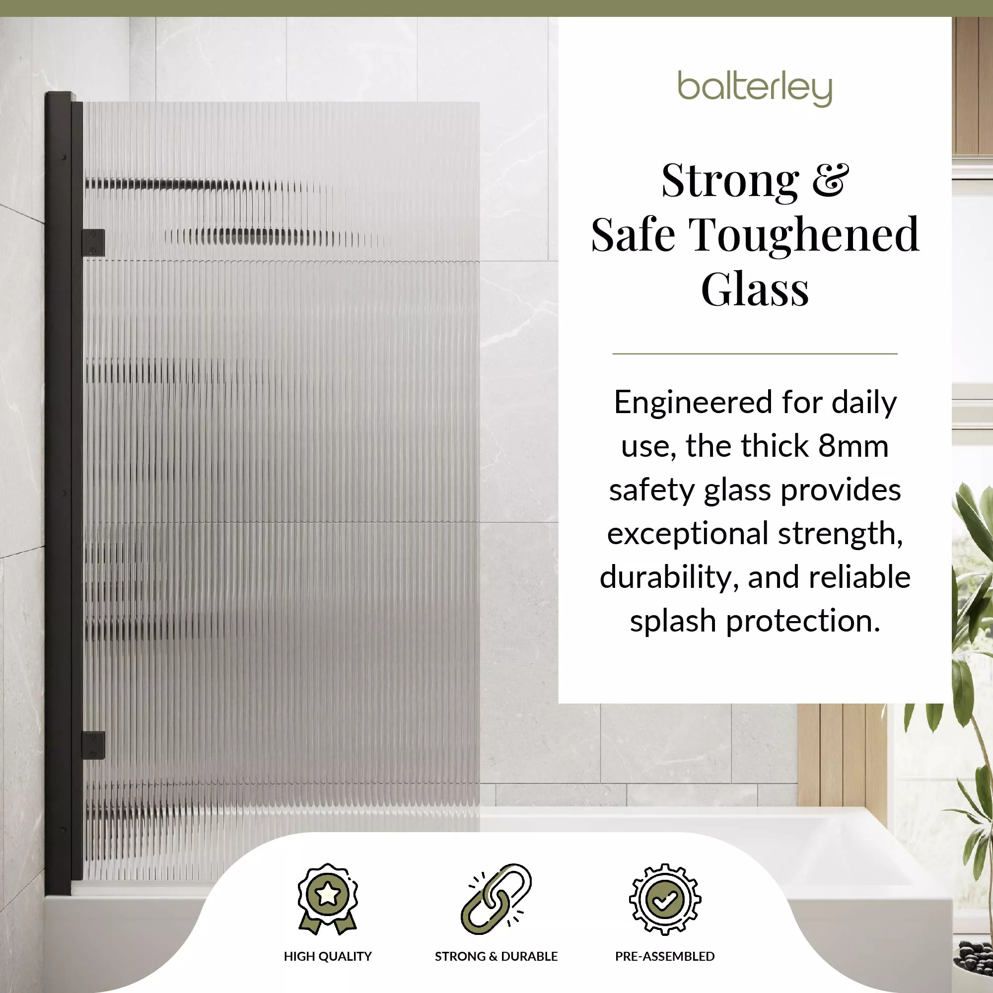 Contemporary 8mm Toughened Safety Glass Square Hinged Fluted Bath Screen - 1520 x 830 x 24mm - Choice of Colour - Image 16