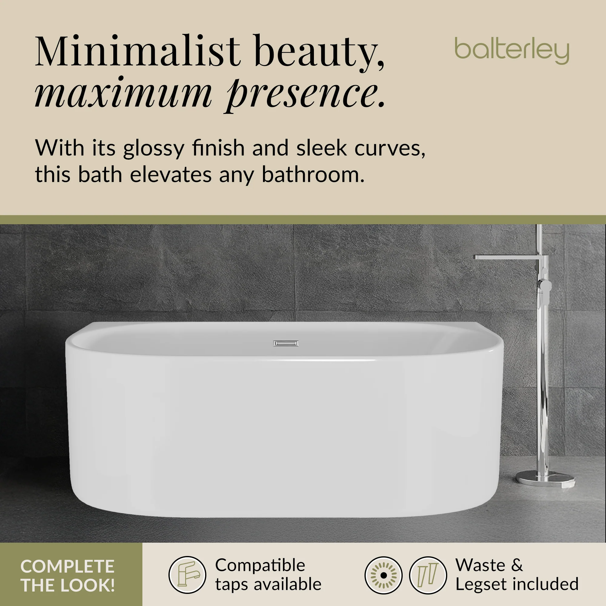 Contemporary Back To Wall Freestanding Bath from Balterley - Modern Design in Multiple Sizes - Image 17