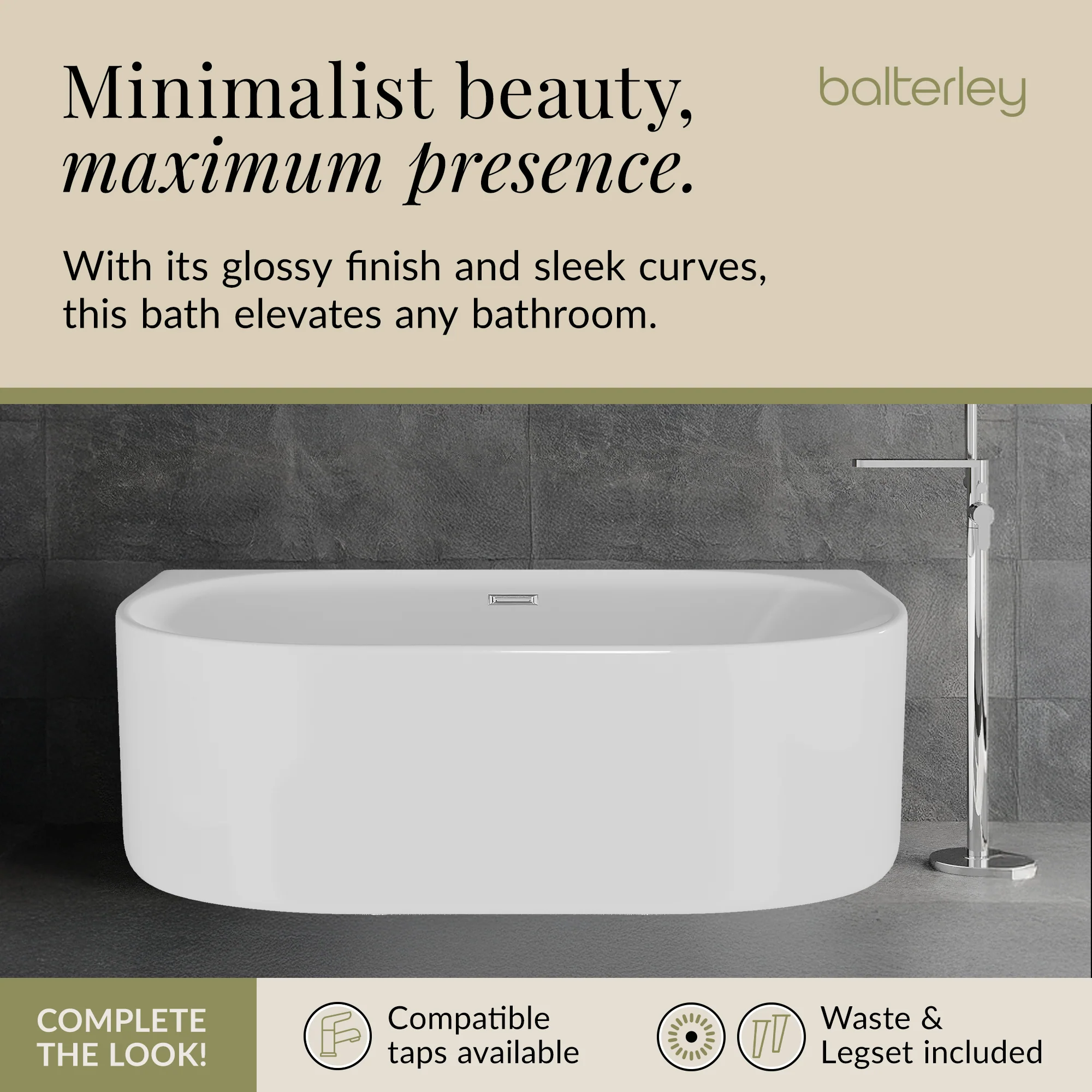 Contemporary Back To Wall Freestanding Bath from Balterley - Modern Design in Multiple Sizes - Image 9