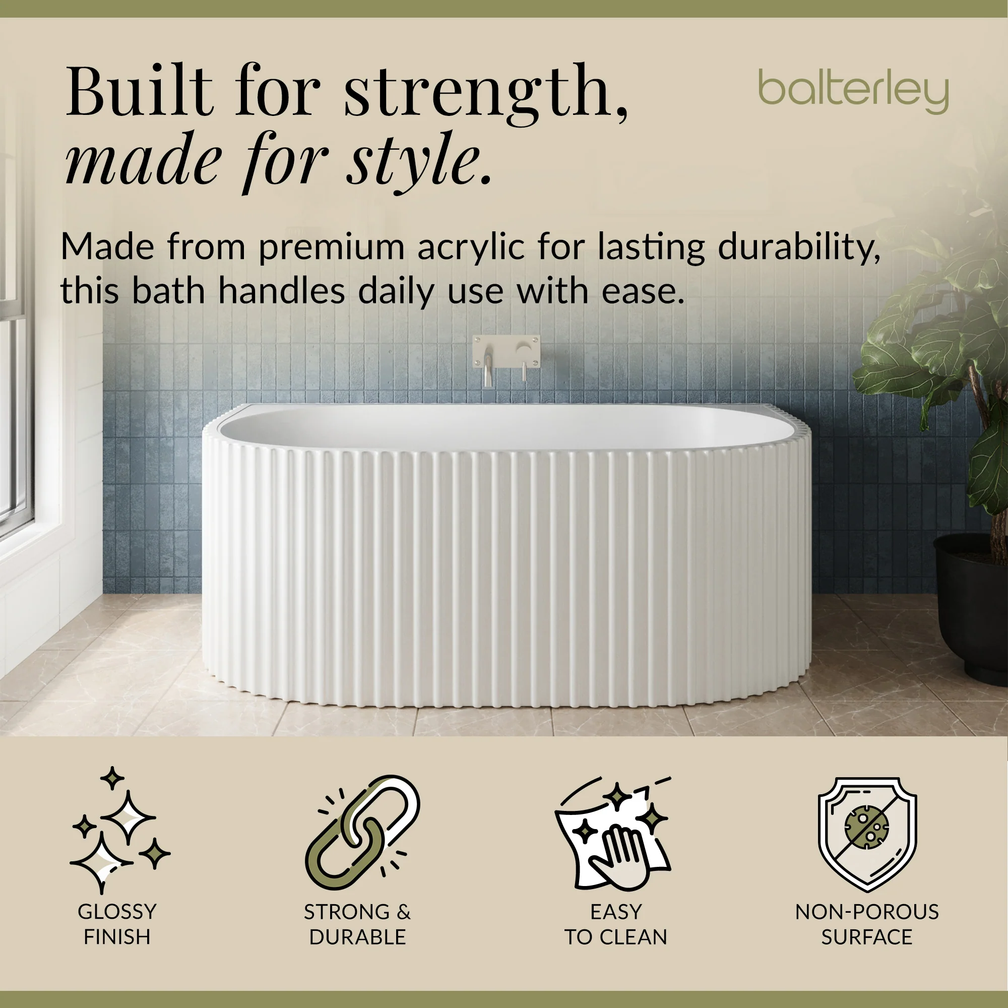 Contemporary Back To Wall Freestanding Bath with Ribbing from Balterley - Multiple Sizes Available - Image 11