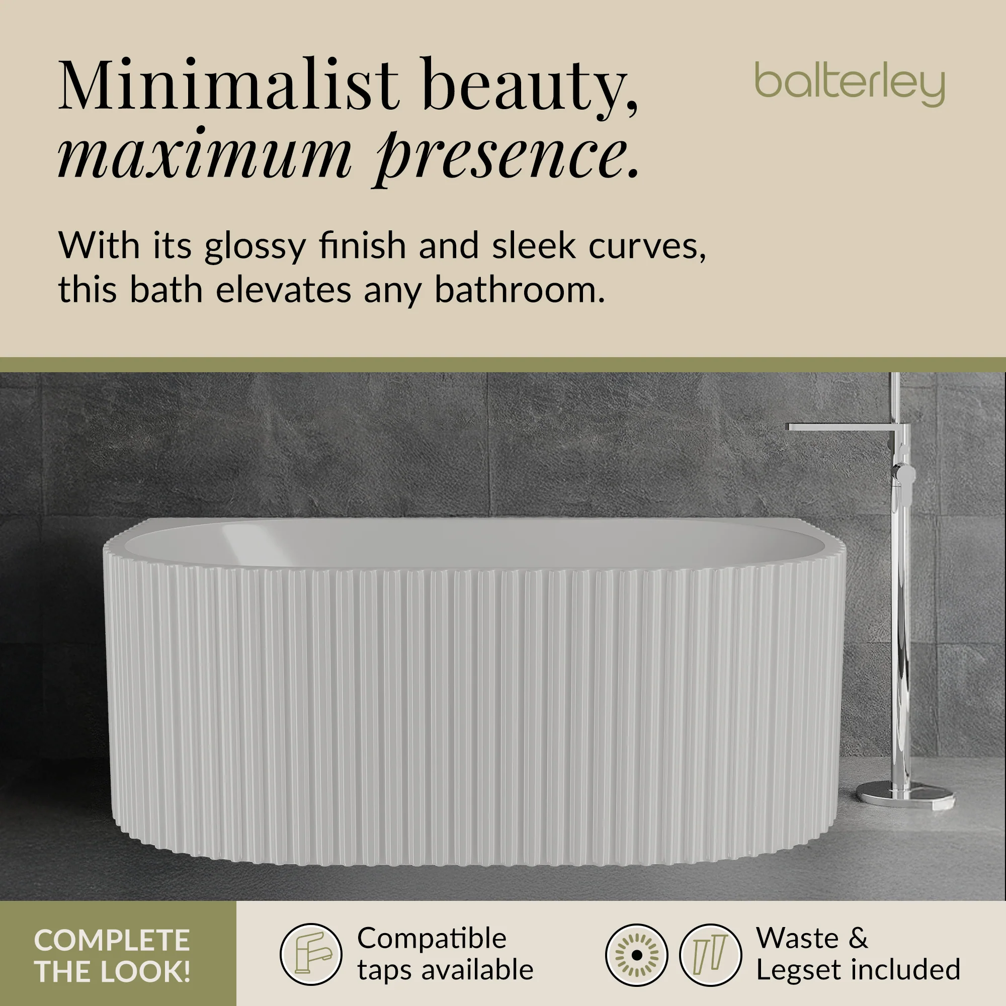 Contemporary Back To Wall Freestanding Bath with Ribbing from Balterley - Multiple Sizes Available - Image 12