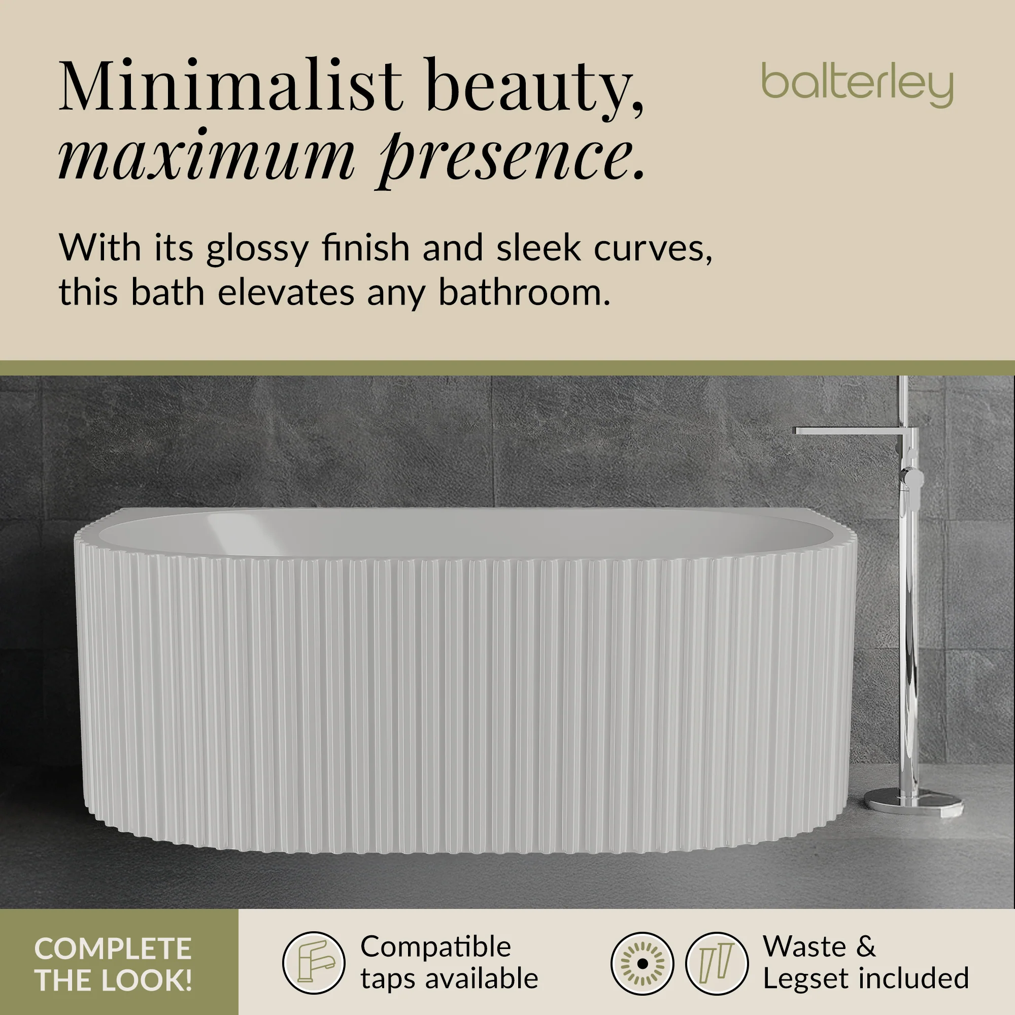 Contemporary Back To Wall Freestanding Bath with Ribbing from Balterley - Multiple Sizes Available - Image 14