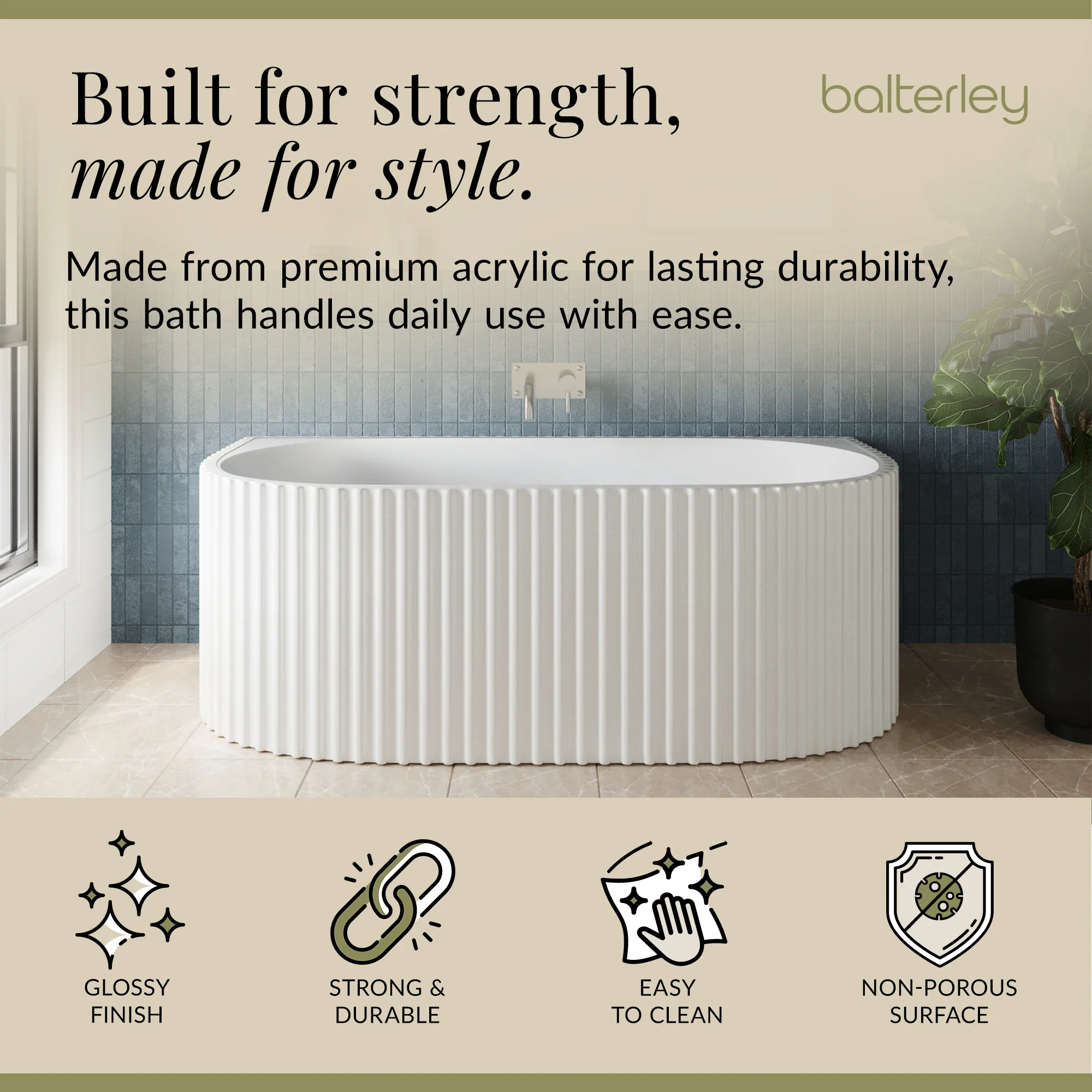 Contemporary Back To Wall Freestanding Bath with Ribbing from Balterley - Multiple Sizes Available - Image 18