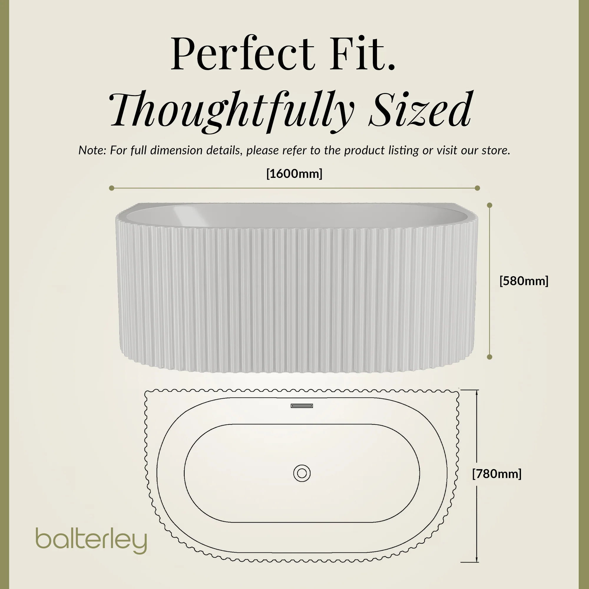Contemporary Back To Wall Freestanding Bath with Ribbing from Balterley - Multiple Sizes Available - Image 8