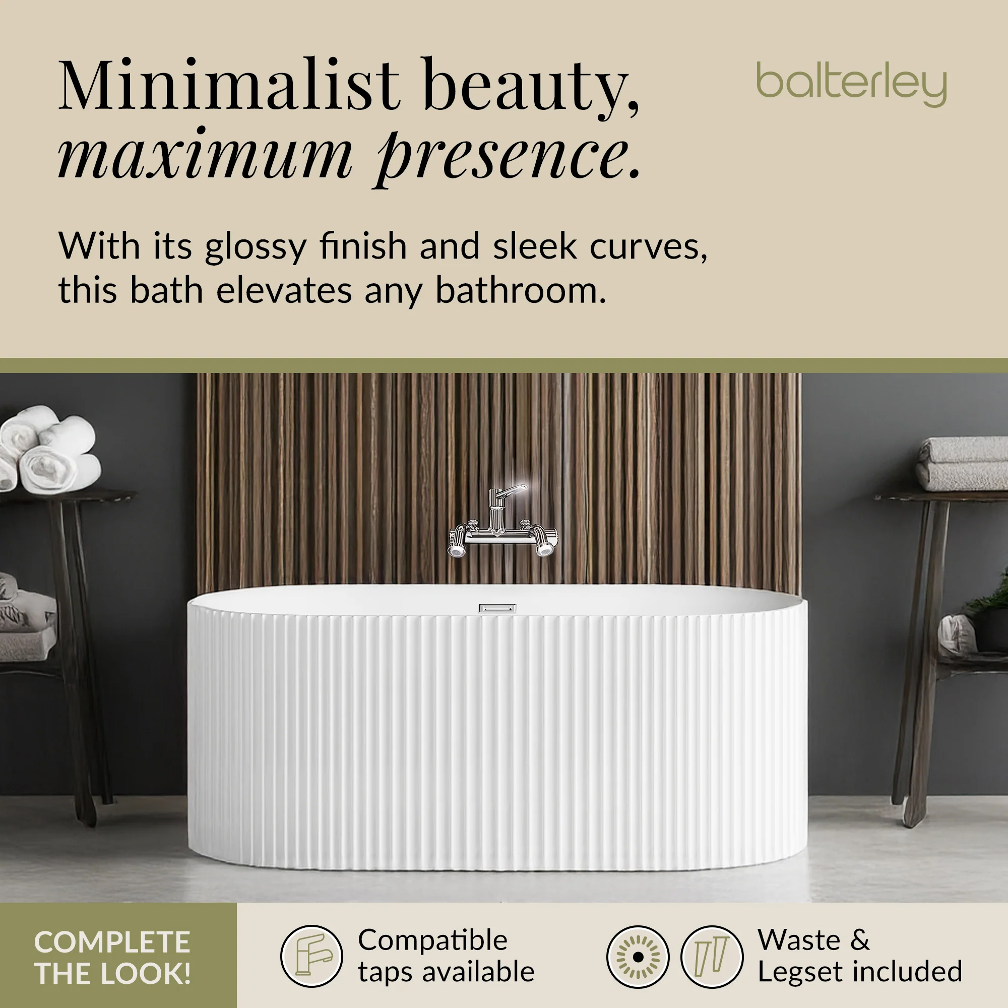Contemporary Curved Freestanding Bath from Balterley - Modern Ribbed Design in Multiple Sizes - Image 14