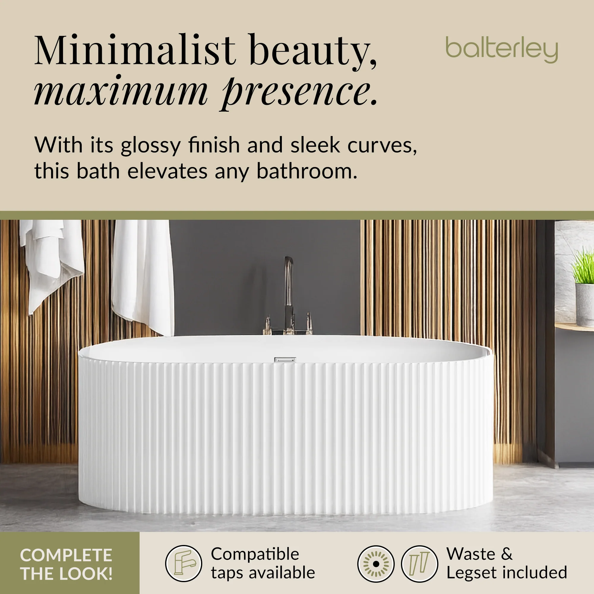 Contemporary Curved Freestanding Bath from Balterley - Modern Ribbed Design in Multiple Sizes - Image 18