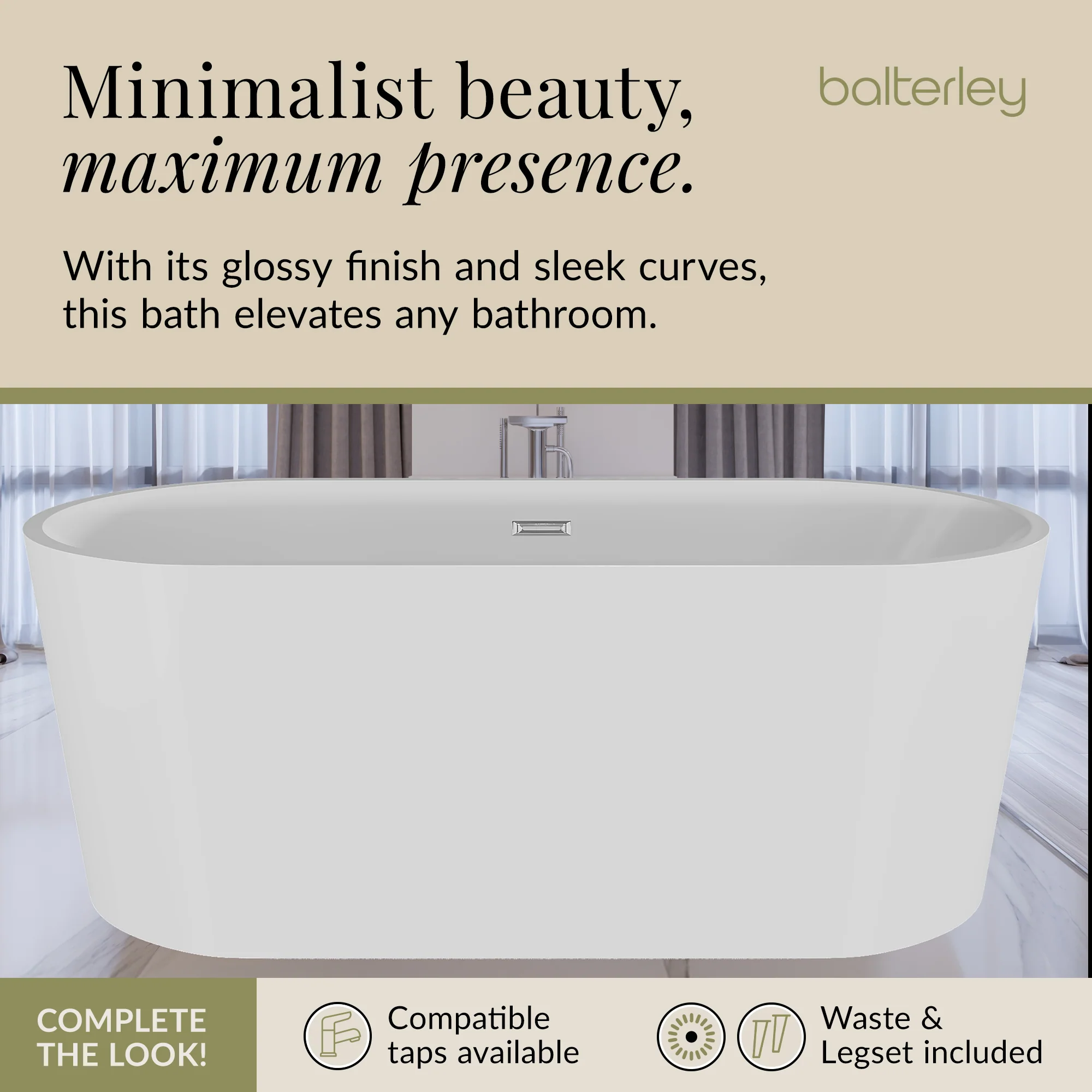 Contemporary Rounded Rectangular Freestanding Bath and Waste from Balterley - Multiple Sizes Available - Image 15