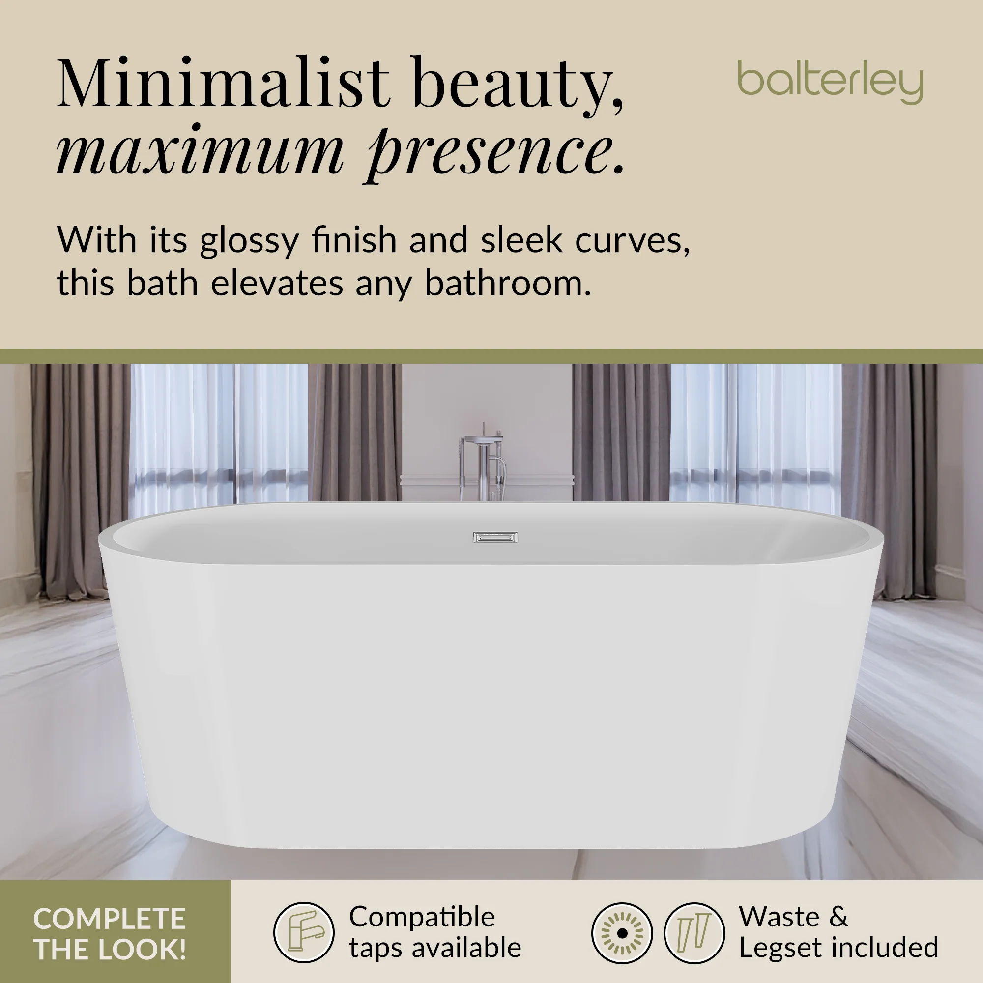 Contemporary Rounded Rectangular Freestanding Bath and Waste from Balterley - Multiple Sizes Available - Image 21