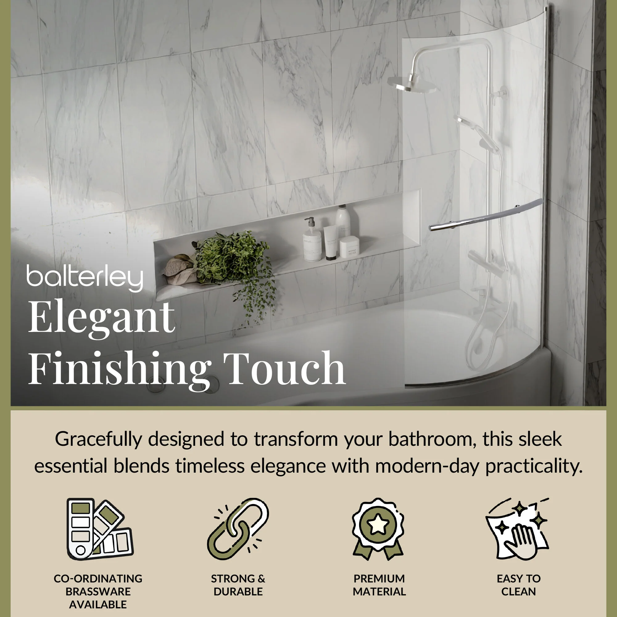 Curved 6mm Toughened Safety Glass Reversible B-Bath Screen - Image 3