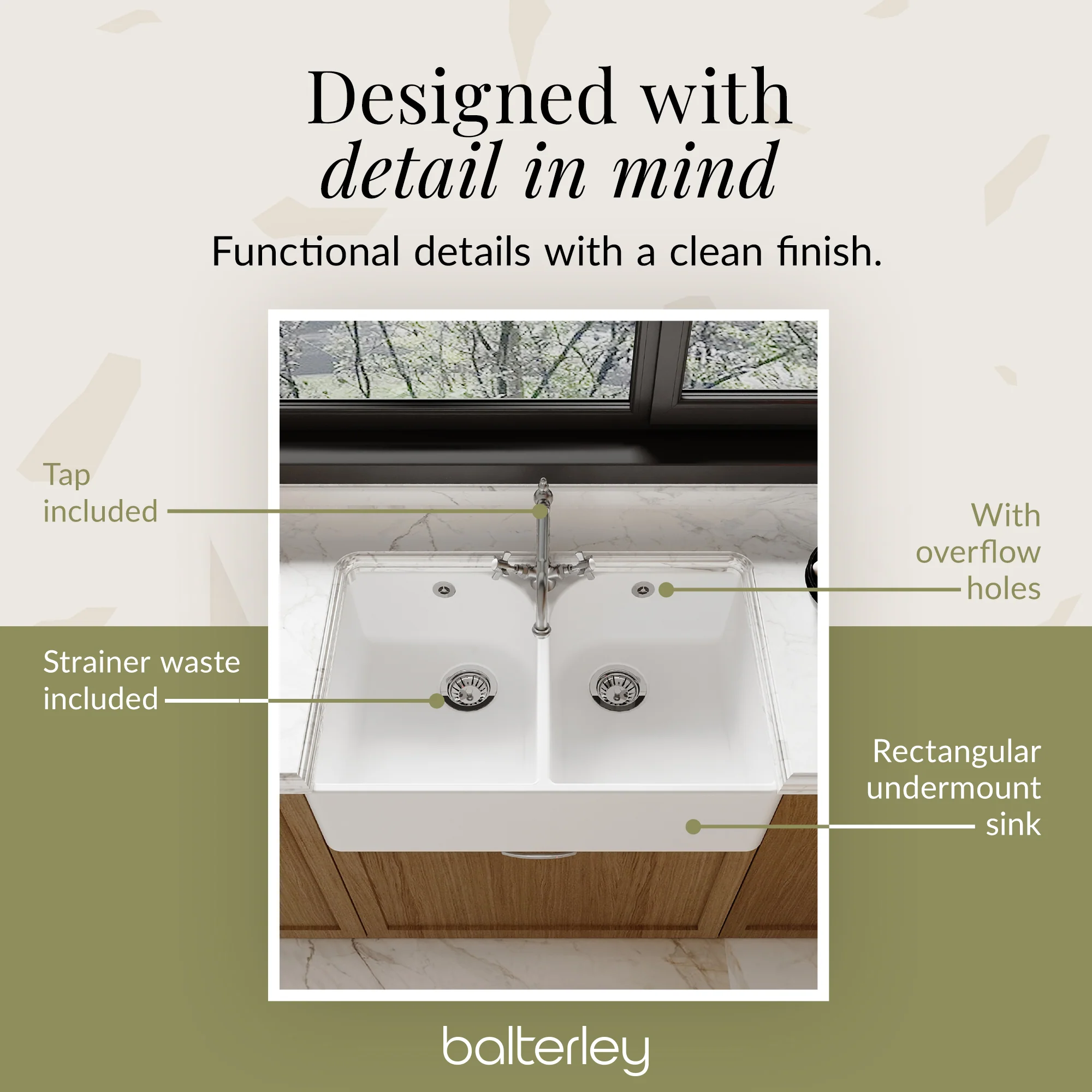 Double Bowl Fireclay Belfast Sink Bundle with Tap Hole & Full Wier, Basket Strainer Waste & Mono Mixer Tap - Image 10