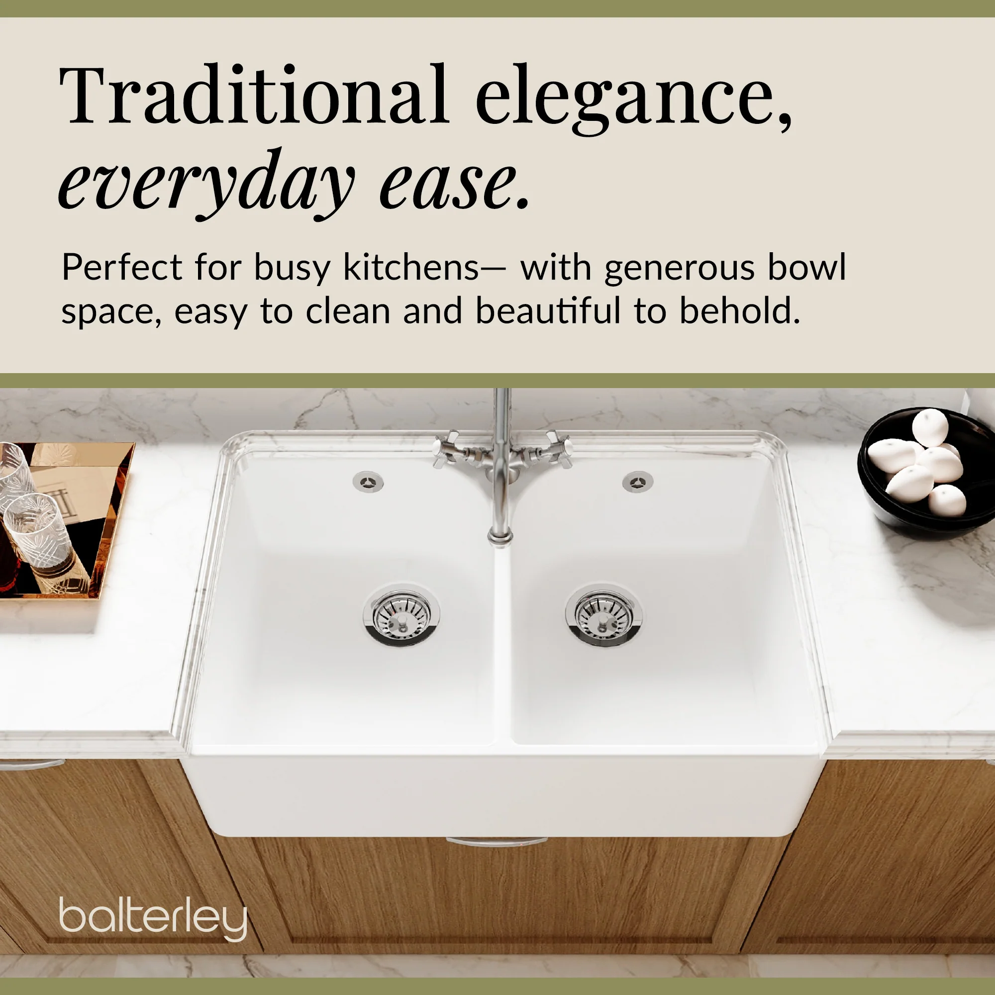 Double Bowl Fireclay Belfast Sink Bundle with Tap Hole & Full Wier, Basket Strainer Waste & Mono Mixer Tap - Image 4