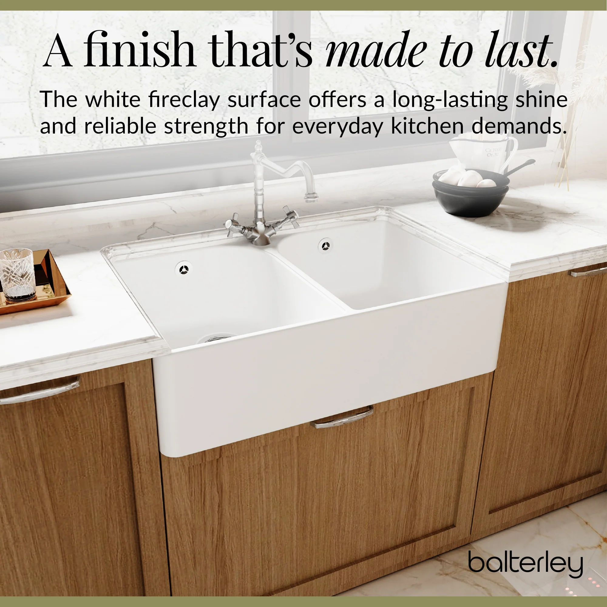 Double Bowl Fireclay Belfast Sink Bundle with Tap Hole & Full Wier, Basket Strainer Waste & Mono Mixer Tap - Image 7
