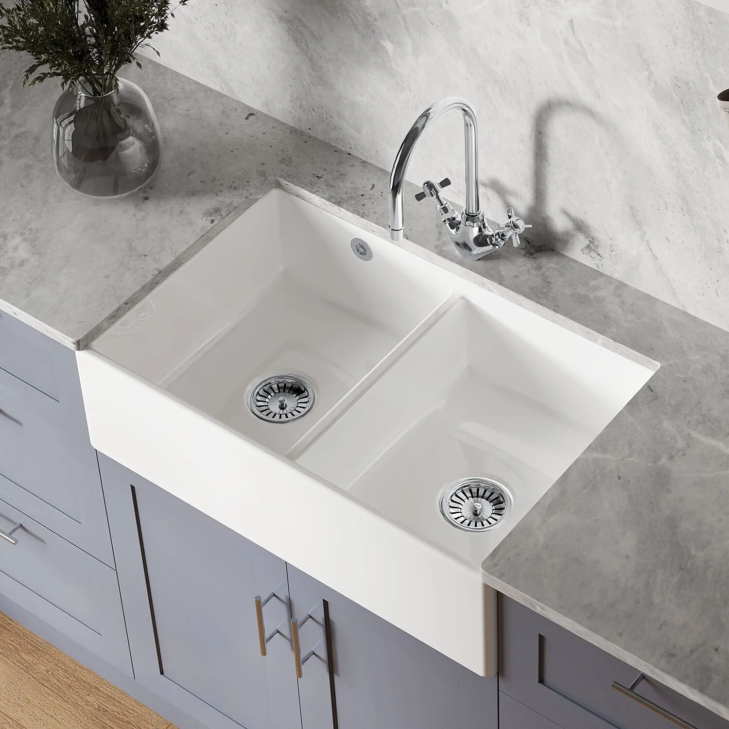 Double Bowl Fireclay Butler Kitchen Sink with Stepped Weir and Overflow - 795mm - Choice of Wastes - Image 3
