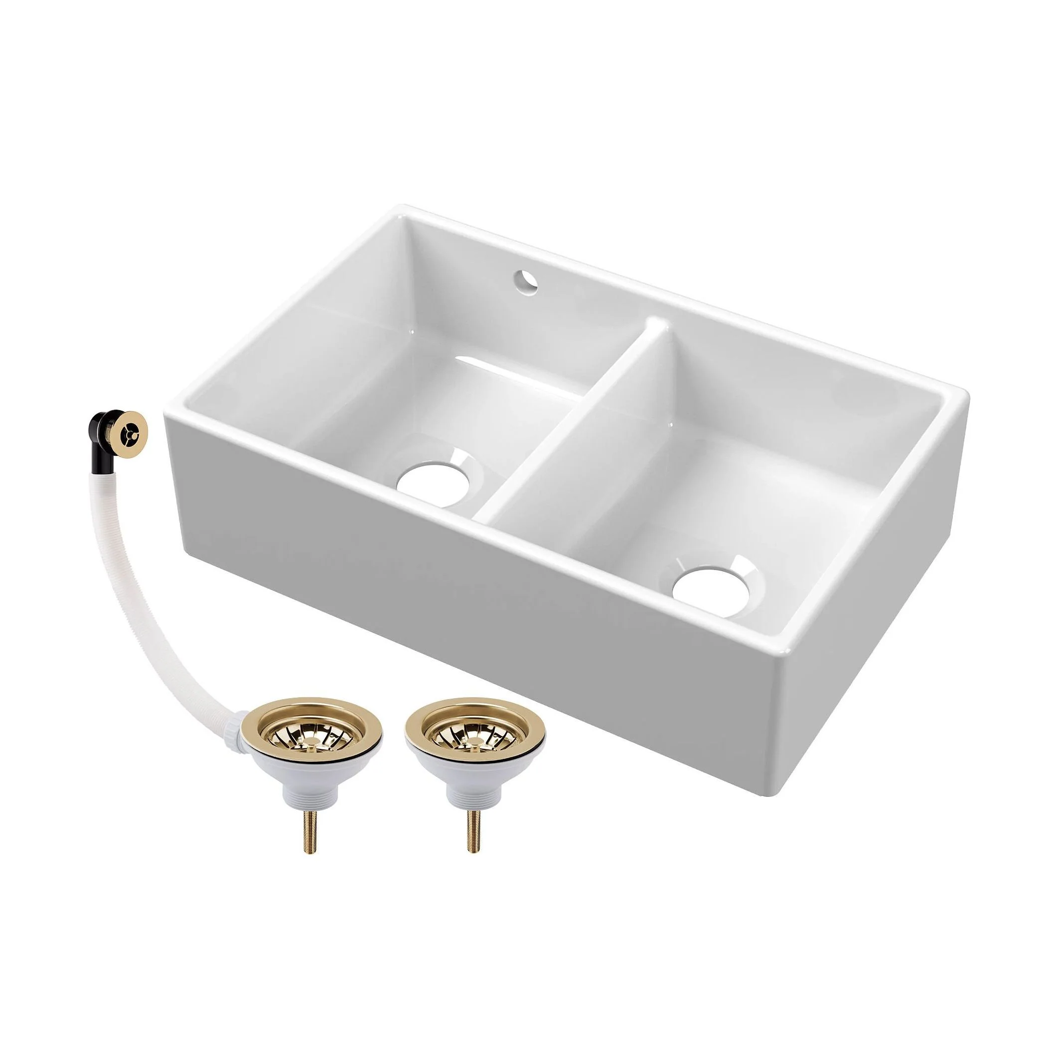 Double Bowl Fireclay Butler Kitchen Sink with Stepped Weir and Overflow - 795mm - Choice of Wastes - Image 5