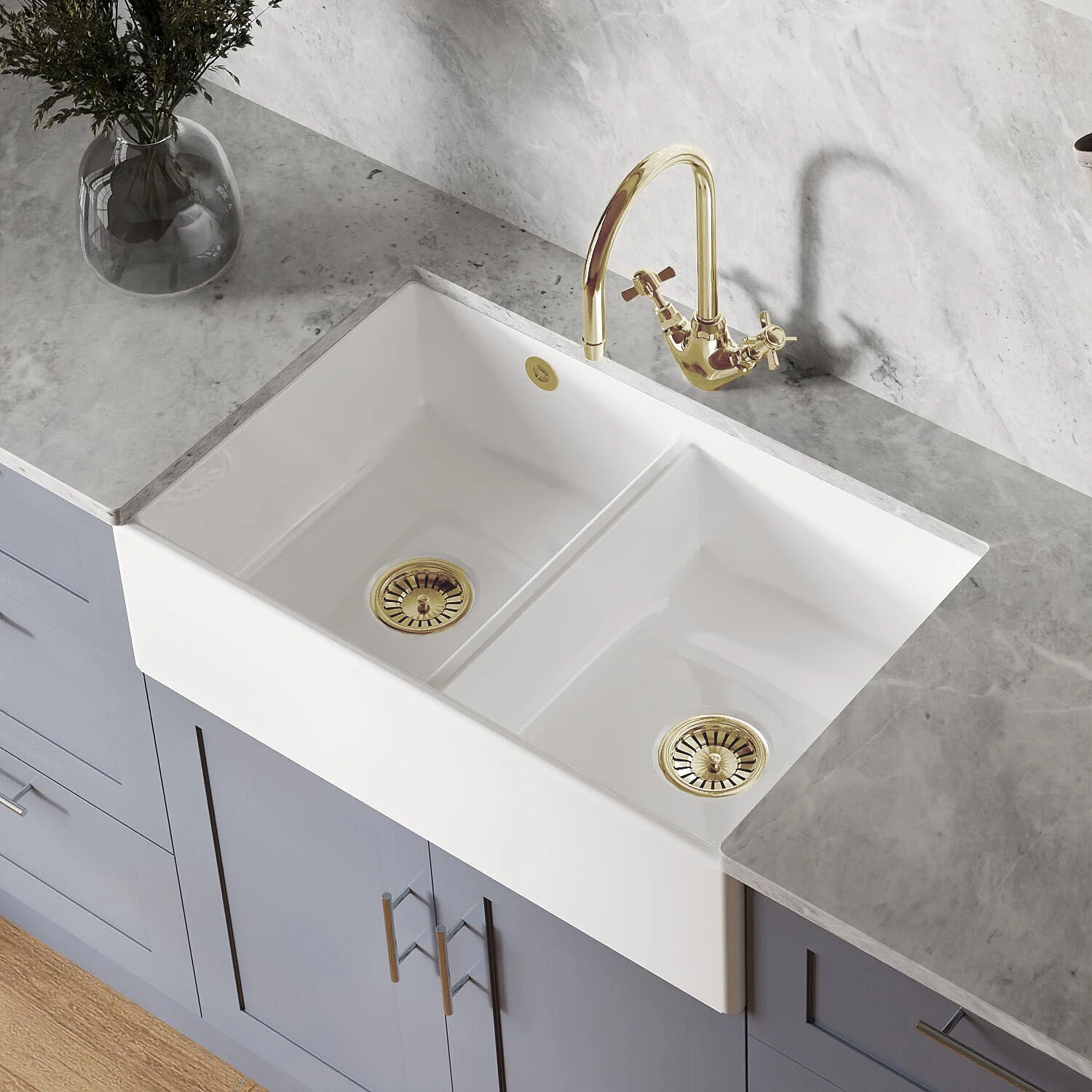 Double Bowl Fireclay Butler Kitchen Sink with Stepped Weir and Overflow - 795mm - Choice of Wastes - Image 7
