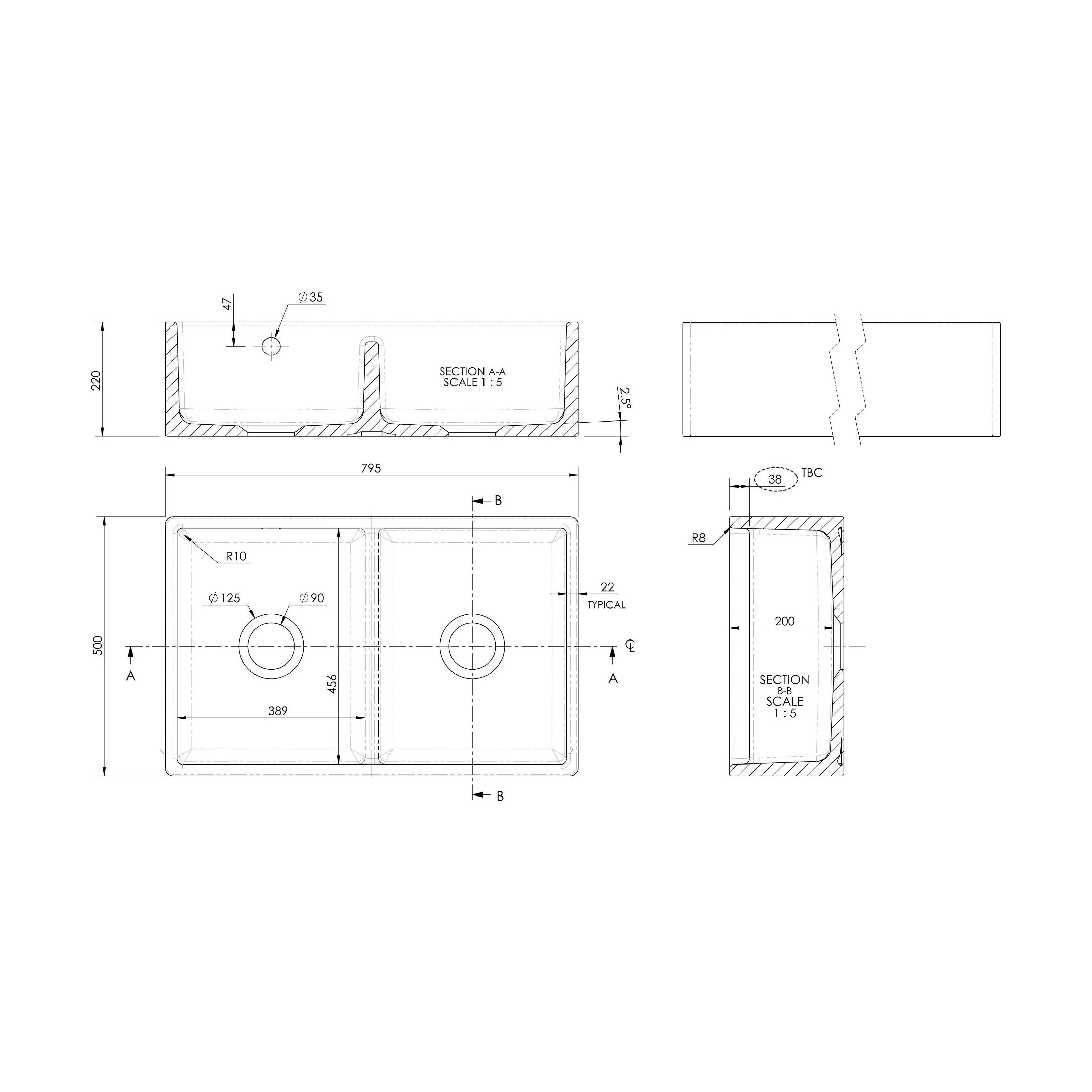 Double Bowl Fireclay Butler Kitchen Sink with Stepped Weir and Overflow - 795mm - Choice of Wastes - Image 8