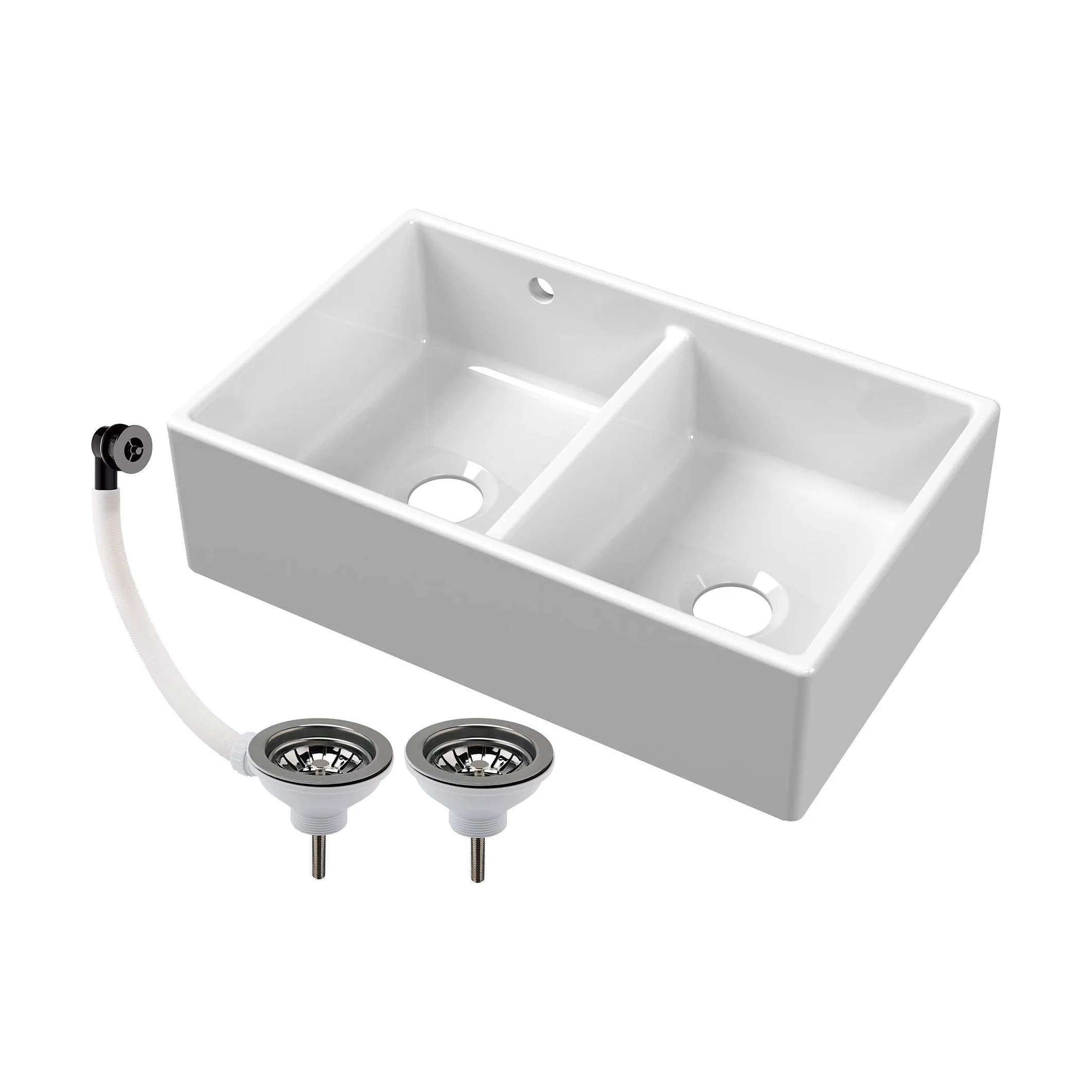 Double Bowl Fireclay Butler Kitchen Sink with Stepped Weir and Overflow - 795mm - Choice of Wastes - Image 9