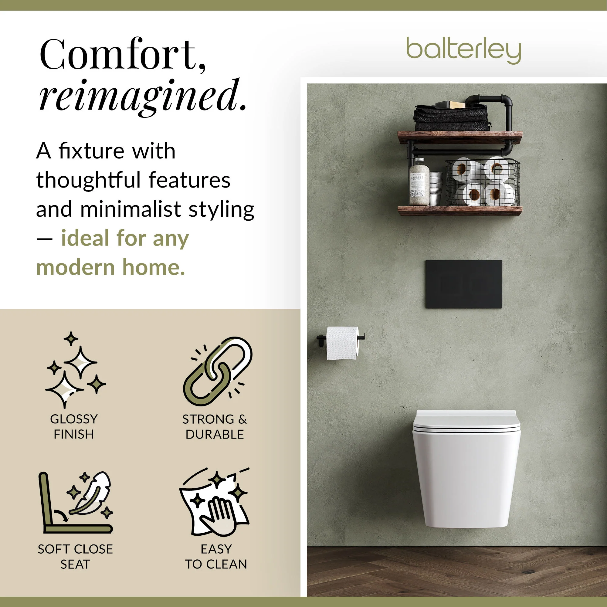 Hilderstone Modern Hung Toilet Pan with Soft Close Sandwich Seat - Image 5