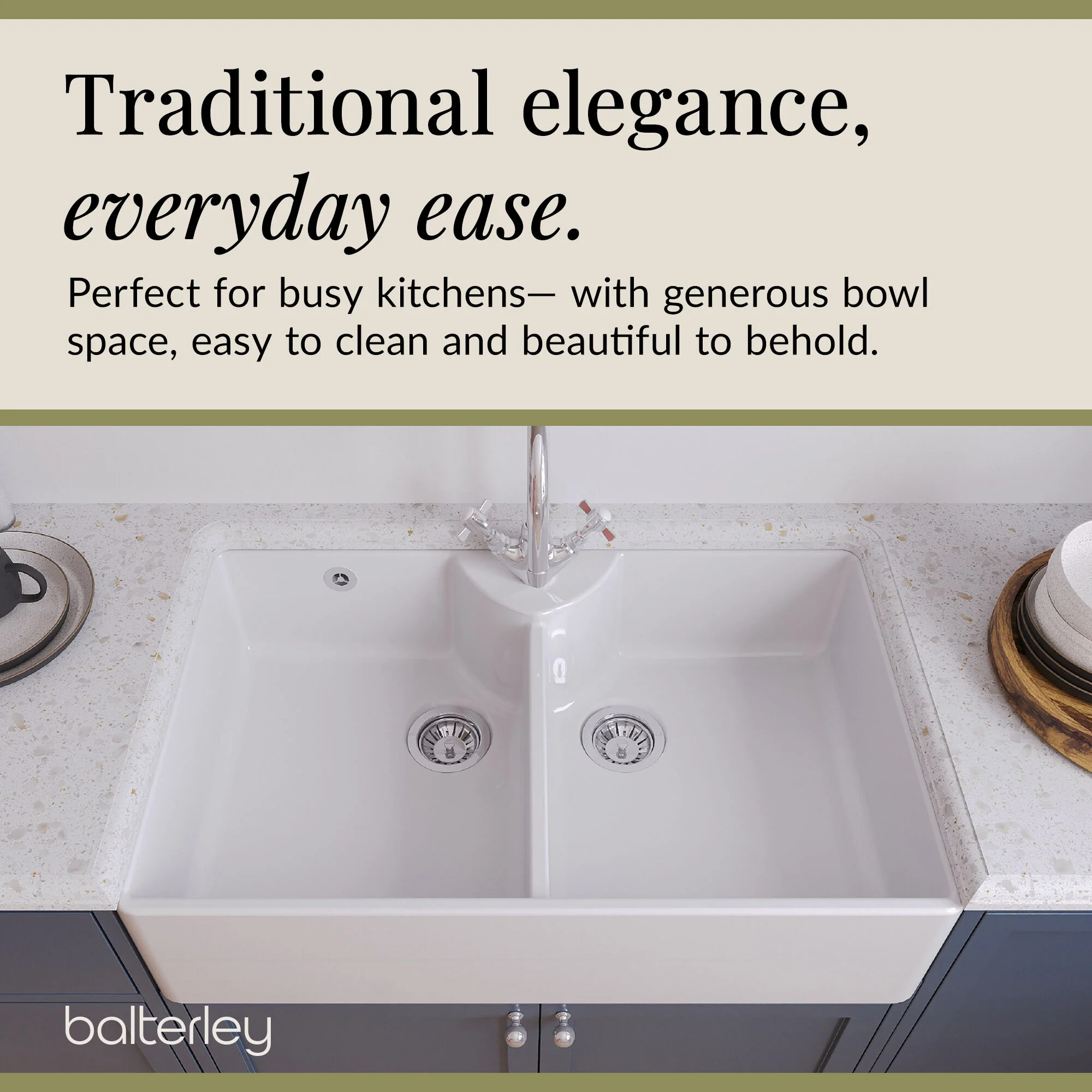 Double Bowl Fireclay Ceramic Butler Kitchen Sink Bundle with Overflow, Mixer Tap & Wastes - Image 12