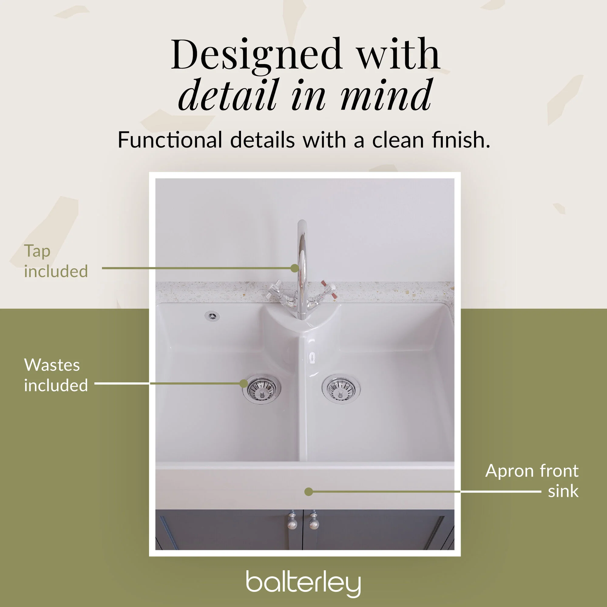 Double Bowl Fireclay Ceramic Butler Kitchen Sink Bundle with Overflow, Mixer Tap & Wastes - Image 13