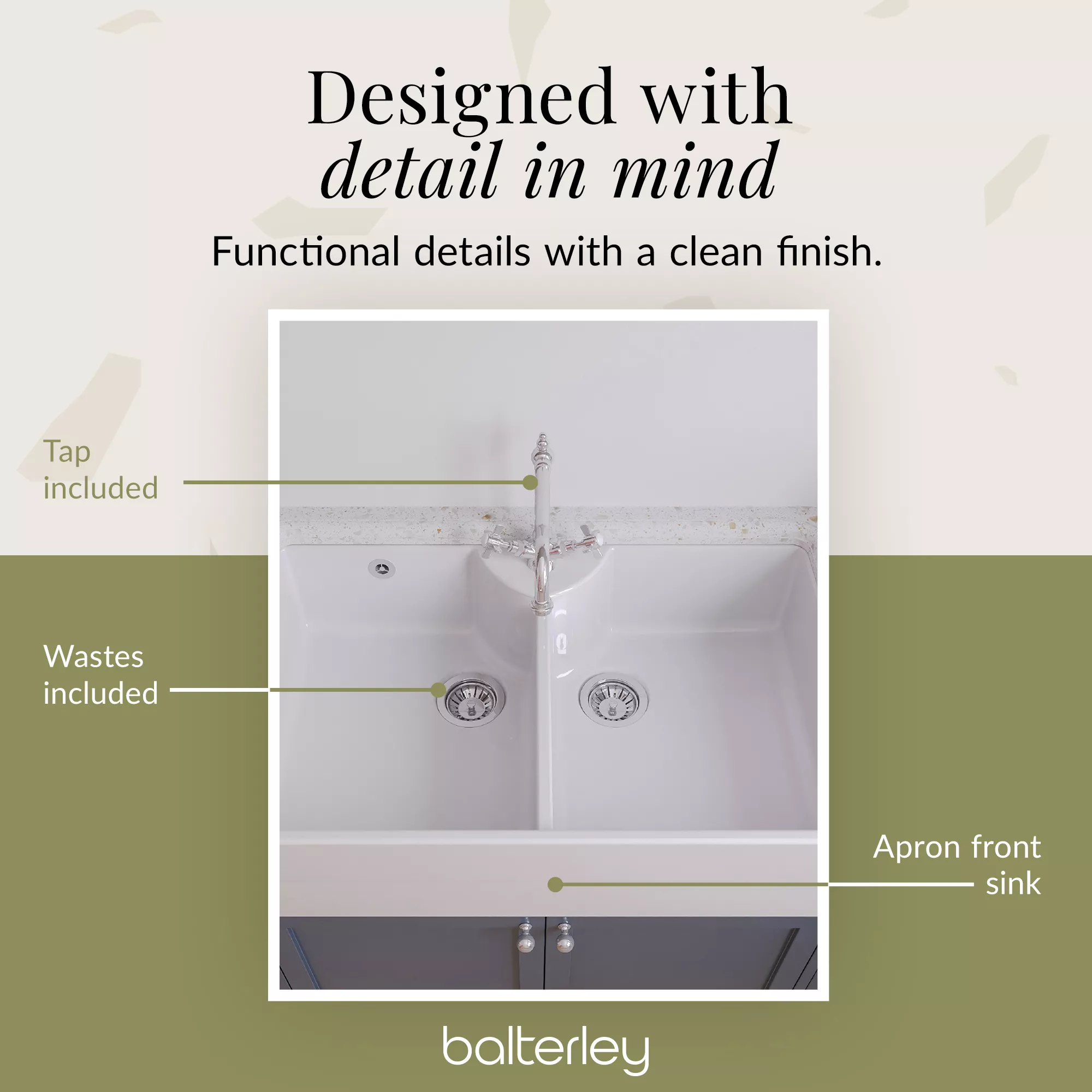 Double Bowl Fireclay Butler Kitchen Sink Bundle with Overflow, Classic Tap & Wastes - Image 11