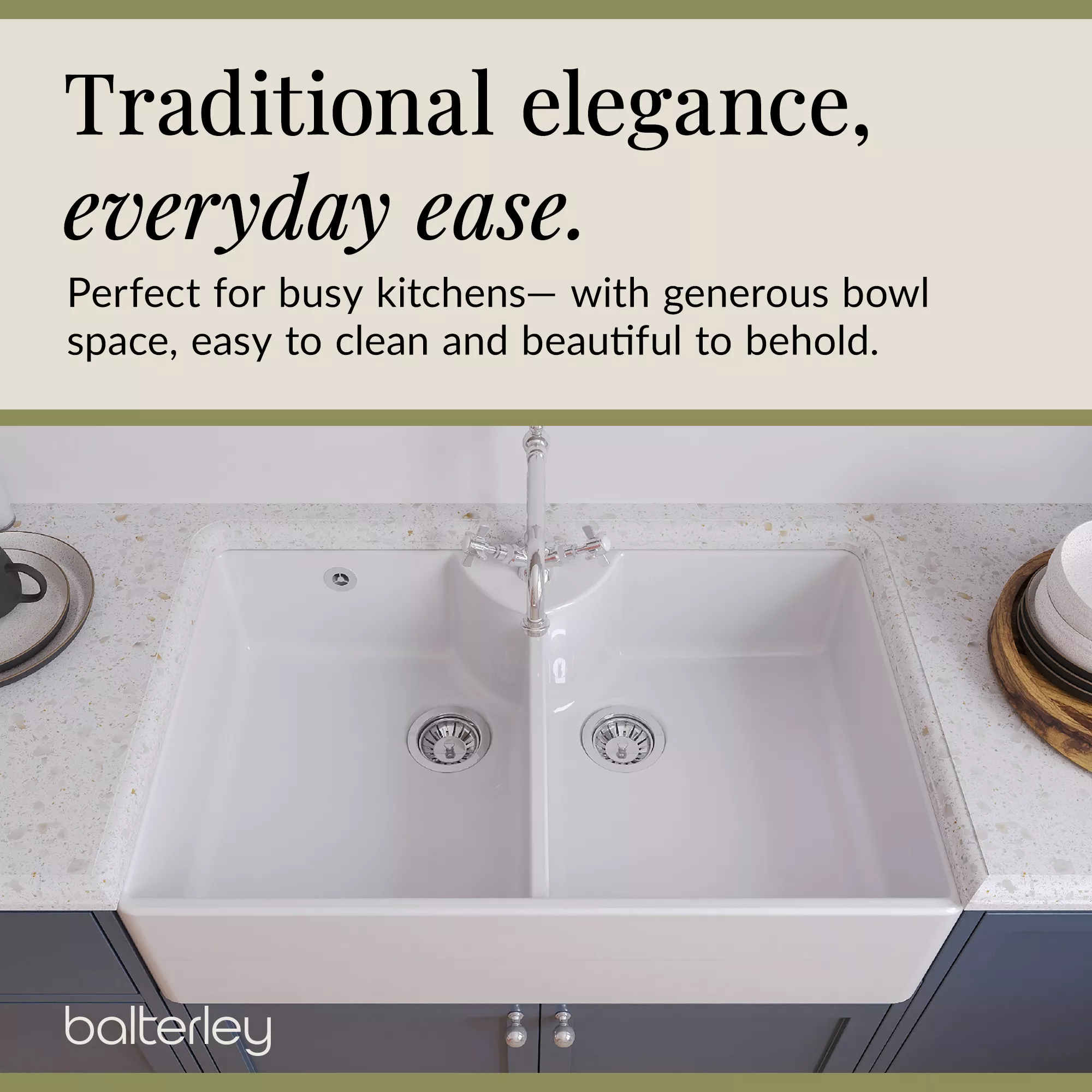 Double Bowl Fireclay Butler Kitchen Sink Bundle with Overflow, Classic Tap & Wastes - Image 7