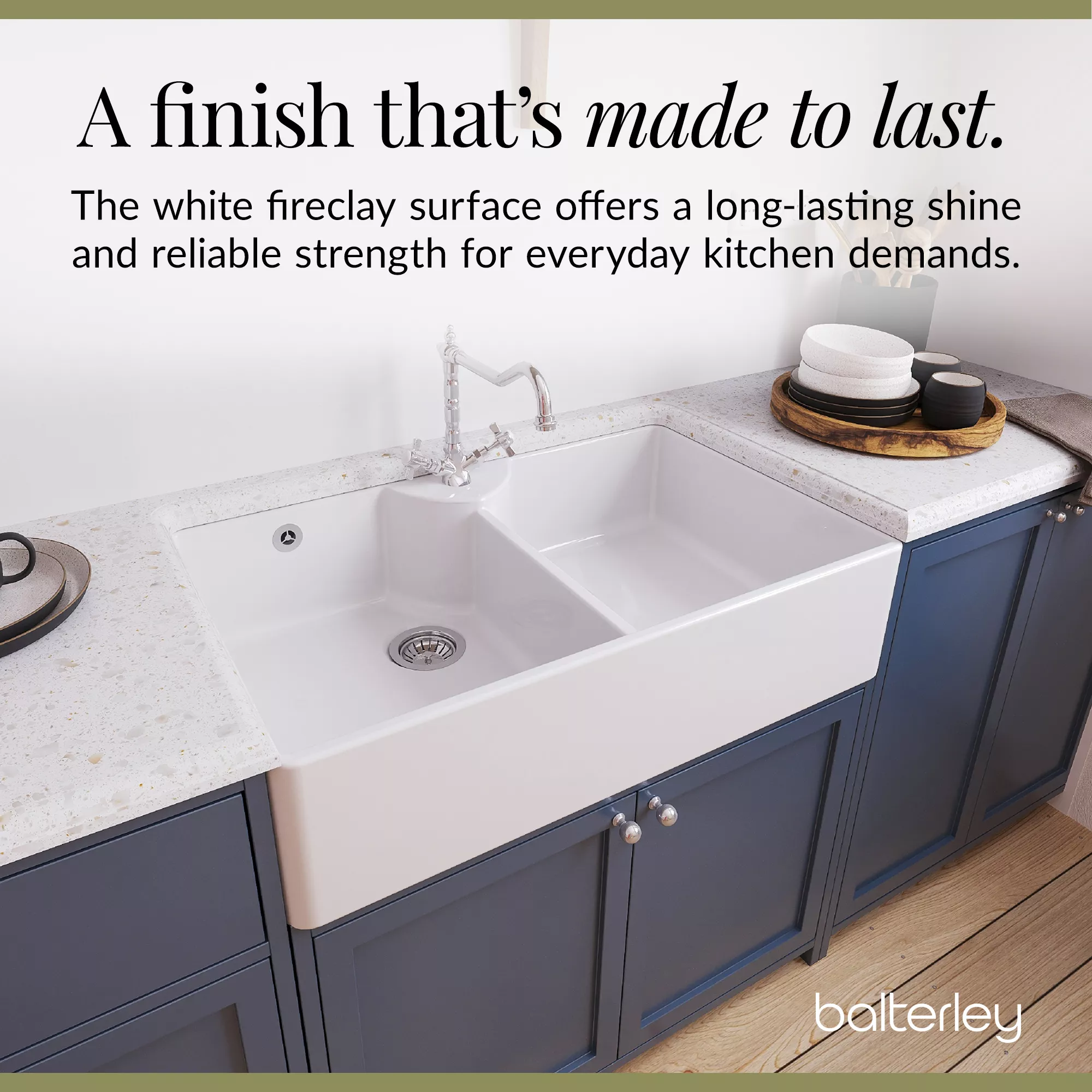 Double Bowl Fireclay Butler Kitchen Sink Bundle with Overflow, Classic Tap & Wastes - Image 8