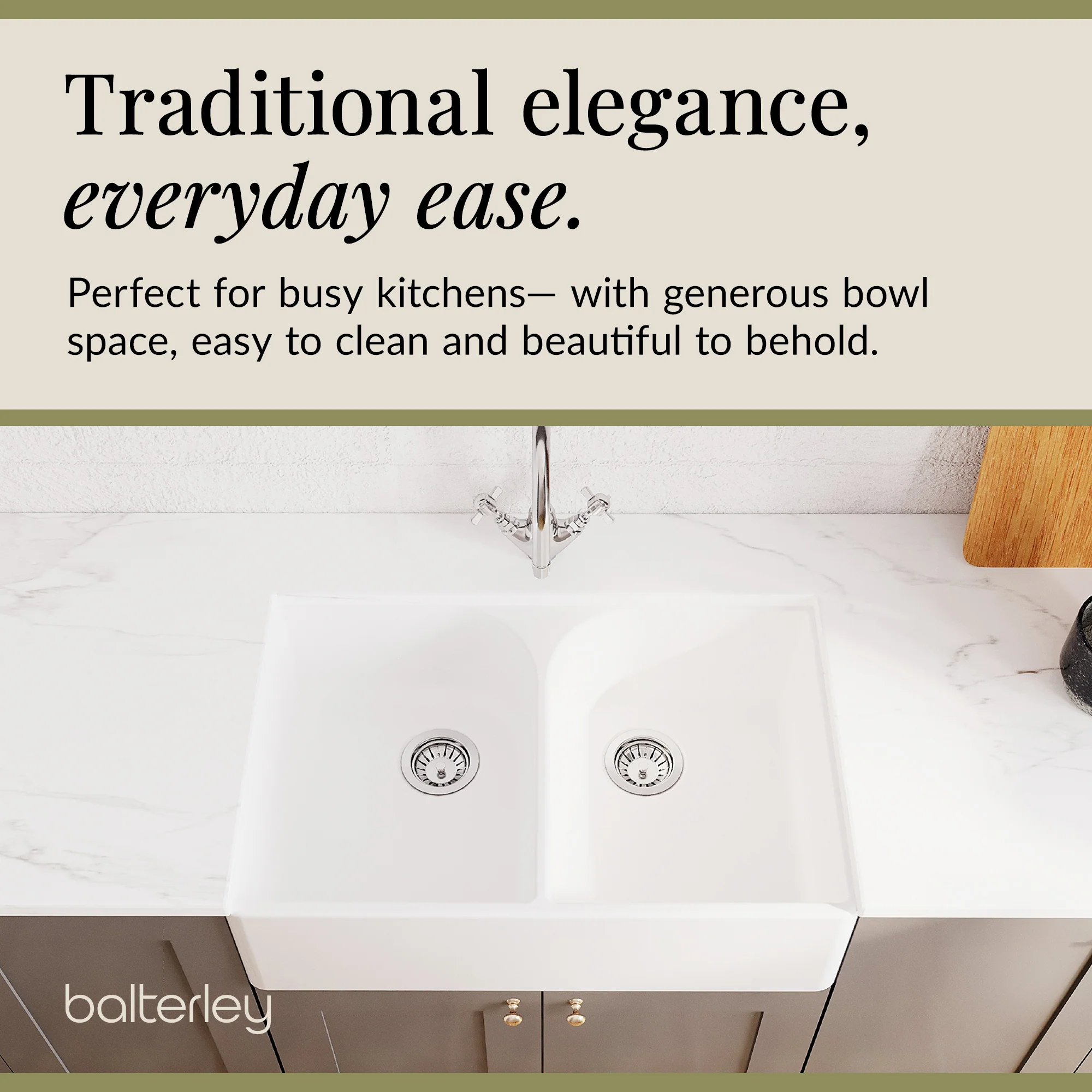 Double Bowl Fireclay Ceramic Full Weir Butler Kitchen Sink Bundle with Mono Mixer Tap & Waste - Image 4